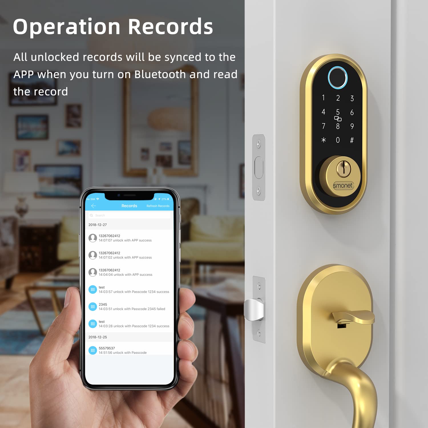 SMONET Smart Keyless Entry Fingerprint Door Lock - Electronic Touchscreen Keypad, Biometric Digital Bluetooth Deadbolt with Handle, Works with Alexa (Gold) | Secure Front Door Access for Homes & Apartments