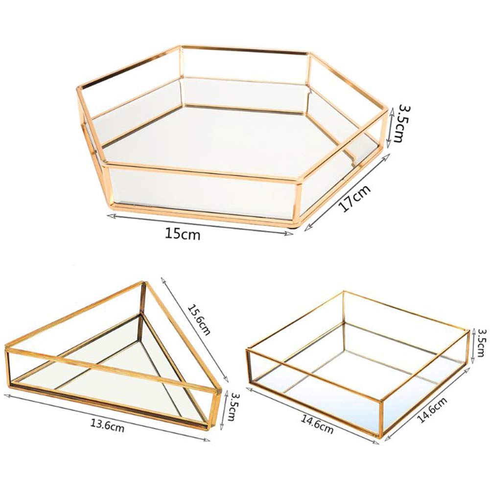 Hexagon Mirror Jewelry & Perfume Tray - Elegant Metal Vanity Tray for Dresser, Jewelry Organizer & Perfume Display - Perfect for Bedroom, Bathroom & Travel Accessories Storage