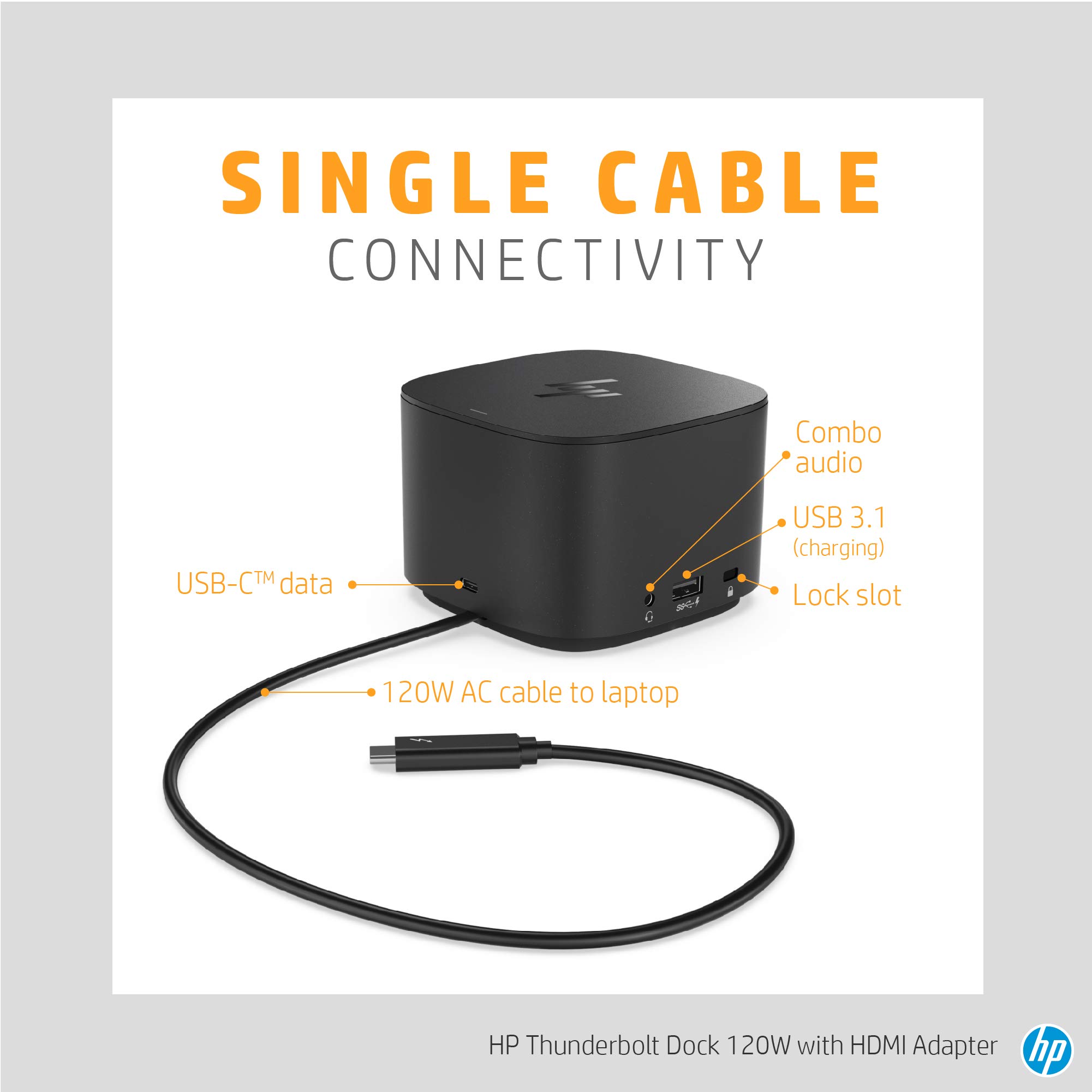 HP Thunderbolt Dock 120W G4 with HDMI Adapter - Universal USB-C Docking Station for Laptops | Single Cable Solution for Multiple Connections | Compatible with MacBook, Dell, Lenovo & More (6HP48AA#ABL) - Perfect for Home Office, Remote Work & Multi-Monitor Setup