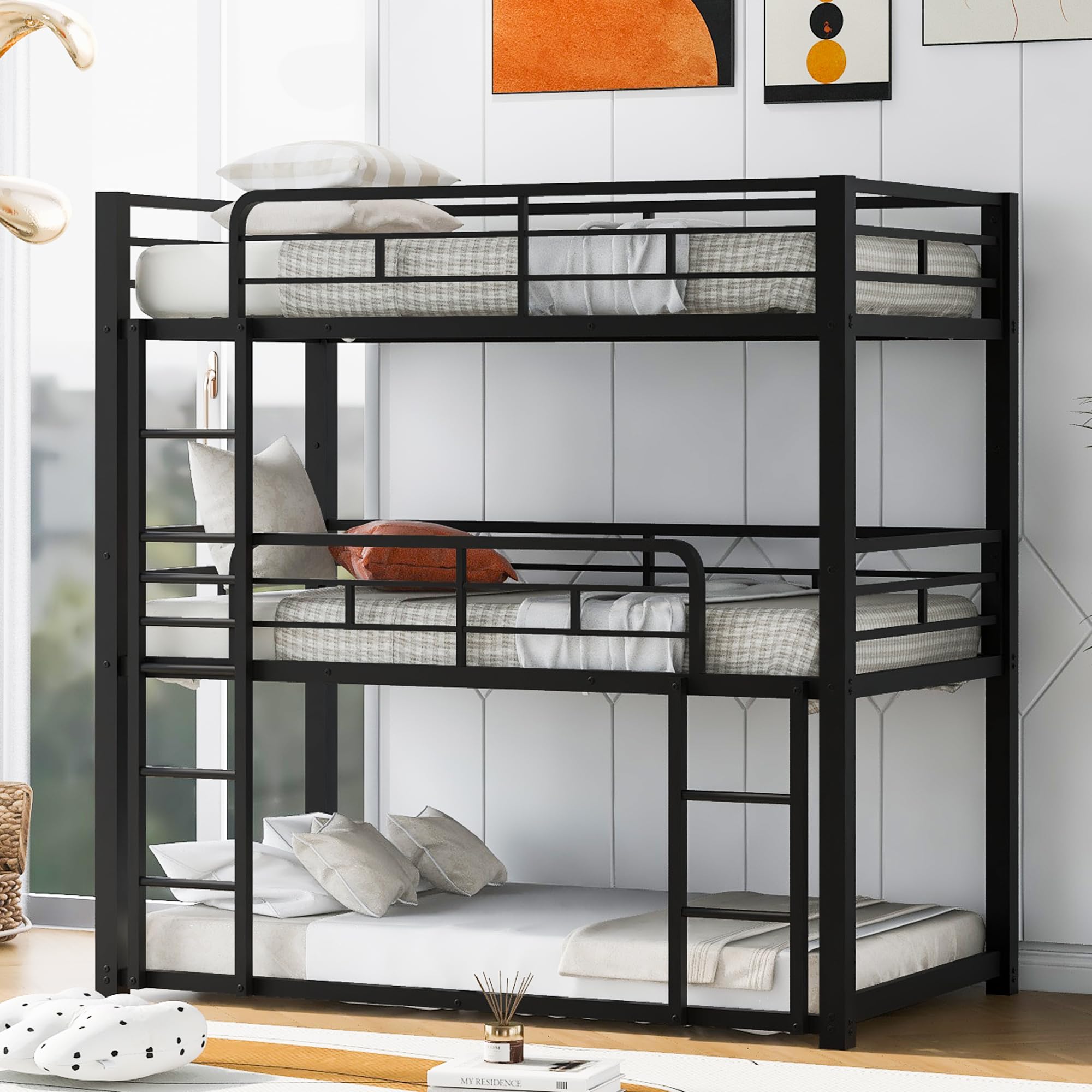 Sturdy Triple Bunk Bed - Twin Over Twin Over Twin Metal Bunk Beds with Ladder | Space-Saving Bedroom Solution for Kids, Teens & Adults | No Box Spring Required | Easy Assembly | Black Finish | Perfect for Dorms, Hostels & Large Families