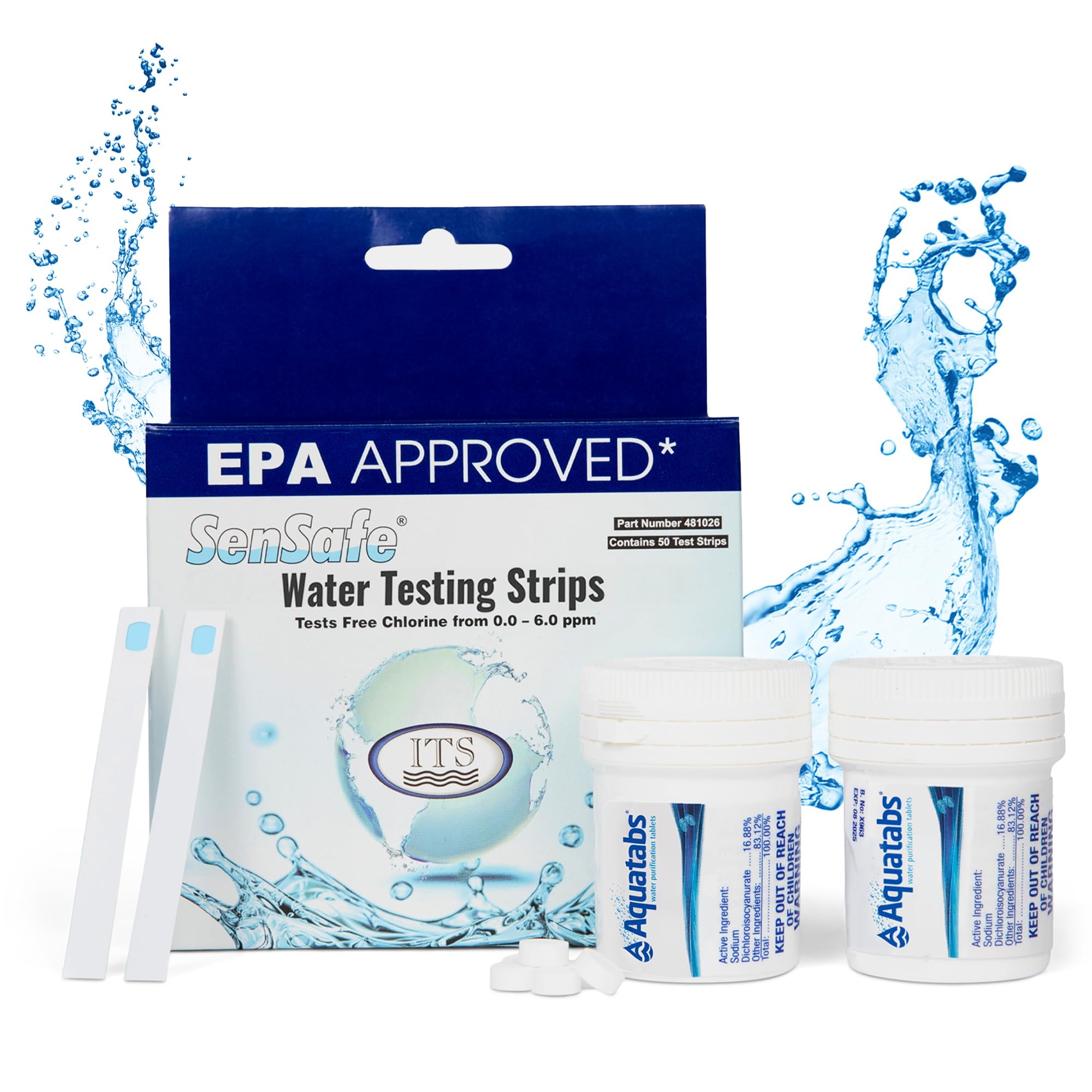 Aquatabs Water Purification Tablets (200 Count) with 50 Chlorine Test Strips - Emergency Water Treatment Kit for Camping, Hiking, Travel, Boating & RV - Safe Drinking Water Solution by Aquamarine