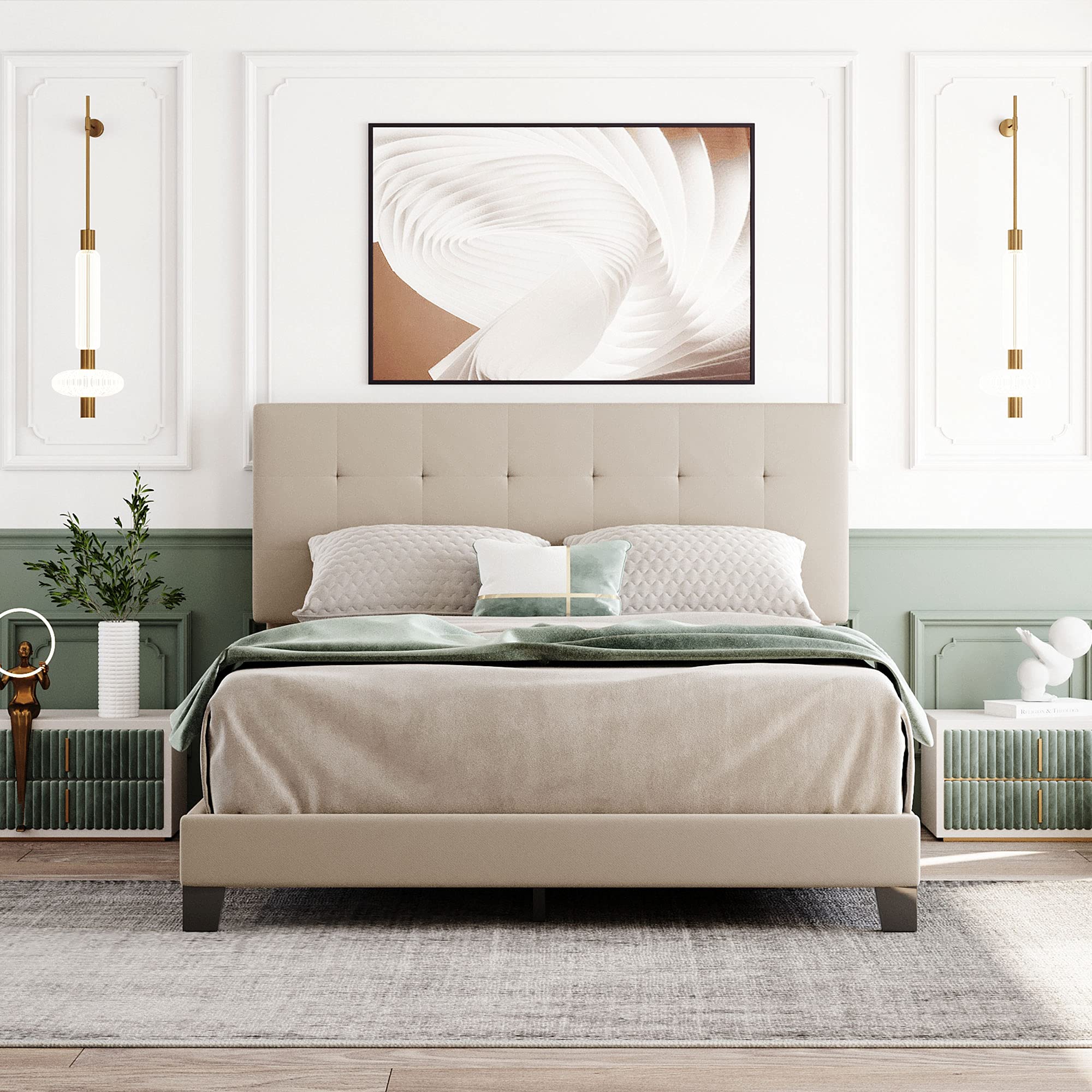 Queen Size Upholstered Platform Bed with Tufted Headboard - Modern Bed Frame with Wood Slat Support & Mattress Foundation, No Box Spring Needed, Easy Assembly (Beige) | Perfect for Master Bedrooms, Guest Rooms & Small Apartments