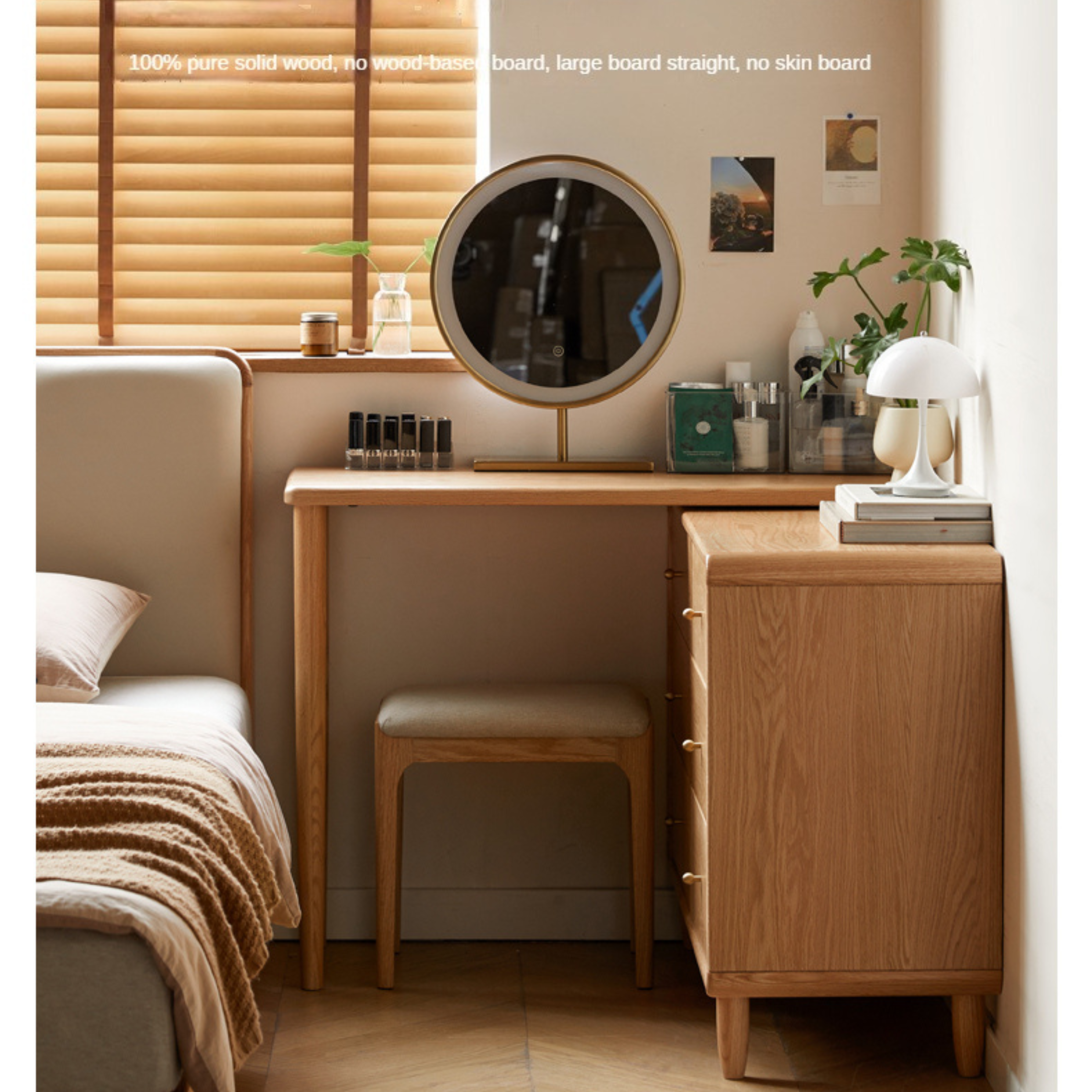 Solid Oak Retractable Vanity Dressing Table with Mirror - Perfect for Bedroom, Bathroom & Small Space Makeup Organization