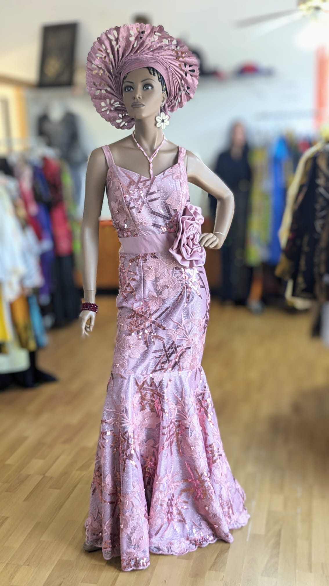 Elegant African Spaghetti Strap Lace Sequins Maxi Bustier Dress - Light Lilac & Mauve | Perfect for Weddings, Parties & Special Occasions