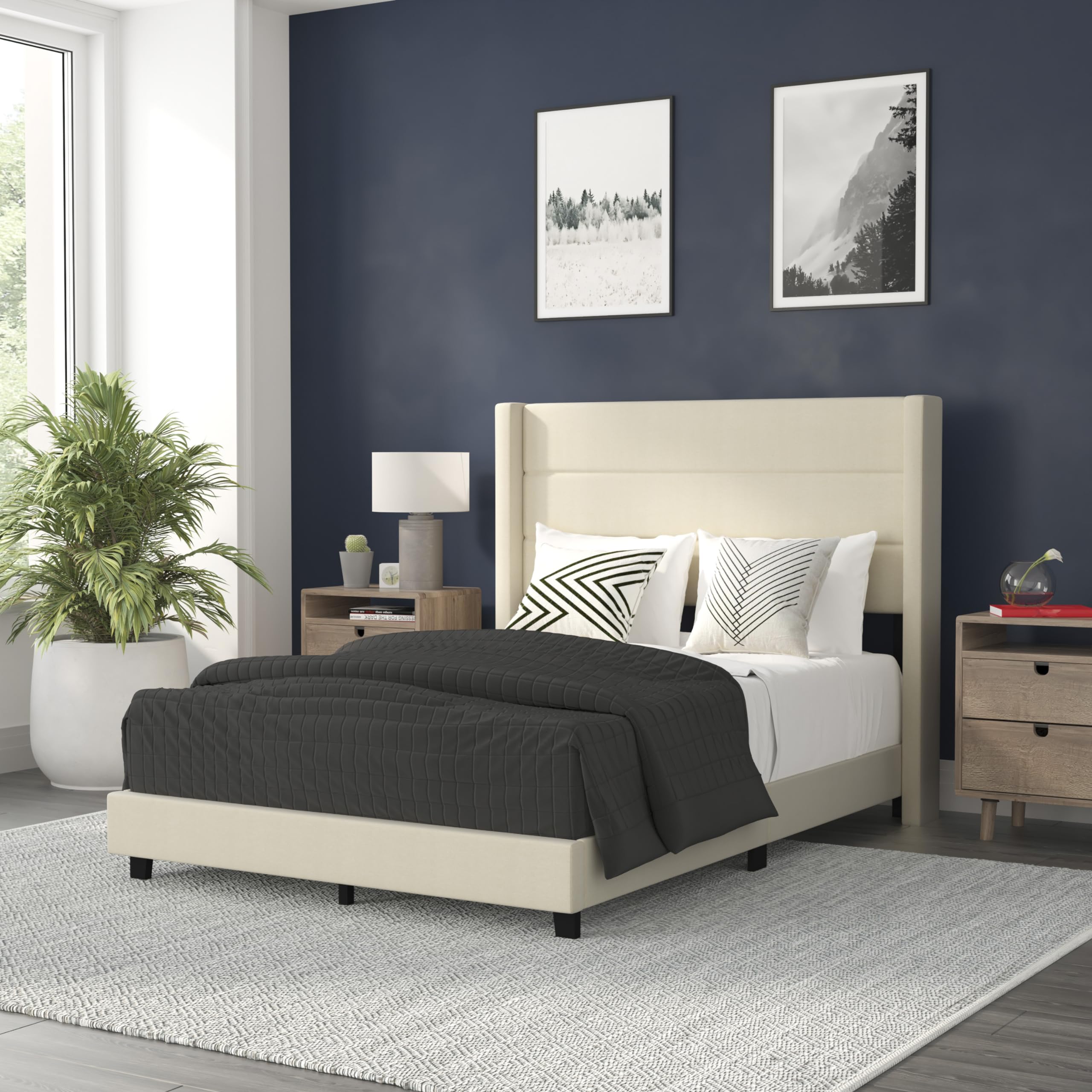 Quinn Upholstered Platform Bed Frame - Full Size with Beige Faux Linen Wingback Headboard & Slatted Mattress Support - No Box Spring Needed - Perfect for Modern Bedrooms & Guest Rooms