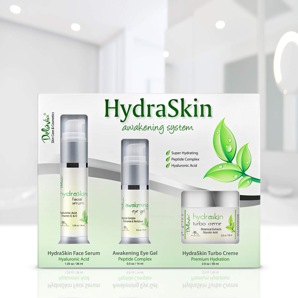 Deluvia HydraSkin Awakening System - Anti-Aging Skincare Set with Hyaluronic Acid, Vitamin C Serum & Night Cream | Organic Aloe Vera, Vitamin E & Essential Oils | Perfect for Dry Skin, Wrinkles & Dark Circles | Daily Facial Care Routine for Glowing Skin