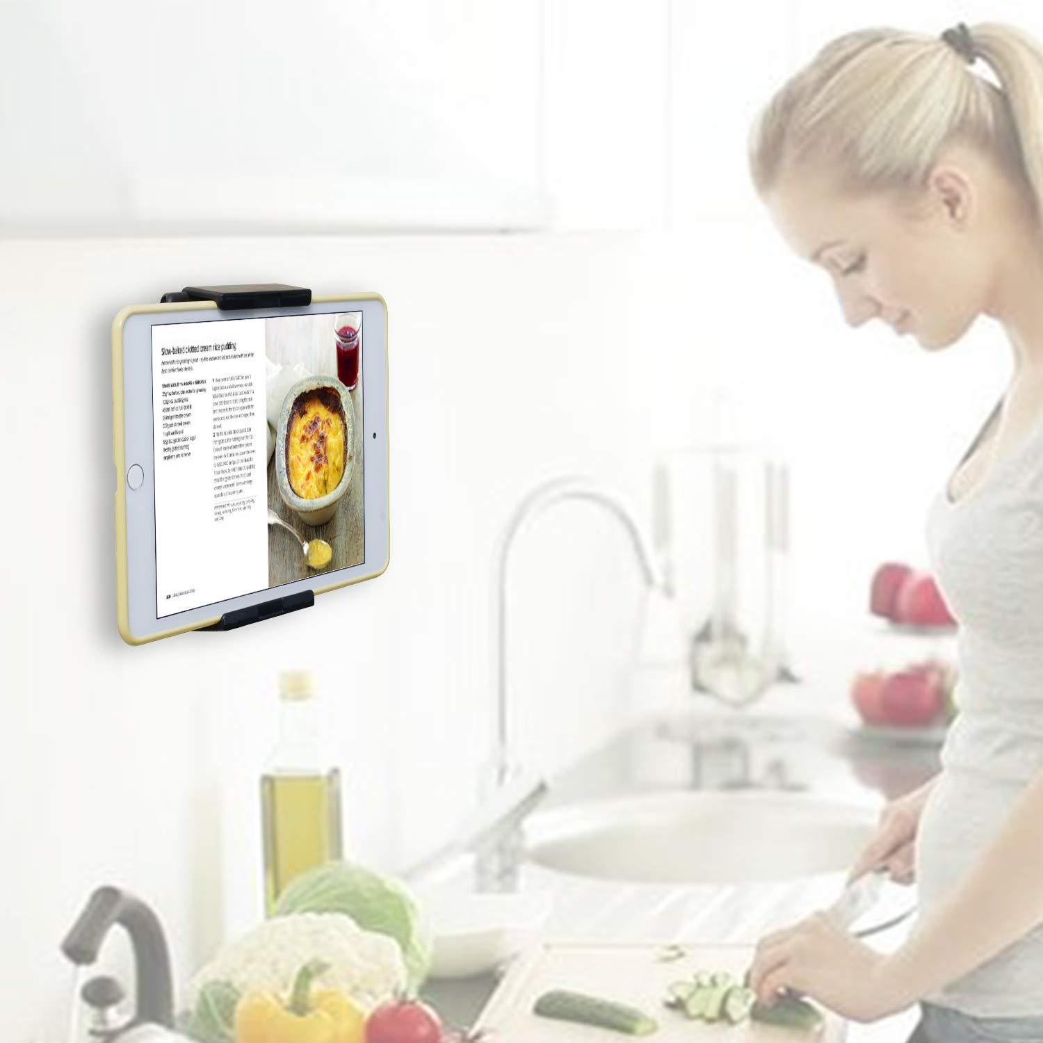 TFY Universal Tablet Wall Mount Holder for Kitchen, Bathroom, Bedroom & Living Room - Adjustable Stand for iPad, Samsung Tablets & Smartphones (Black) | Perfect for Cooking, Bathing, Reading & Entertainment
