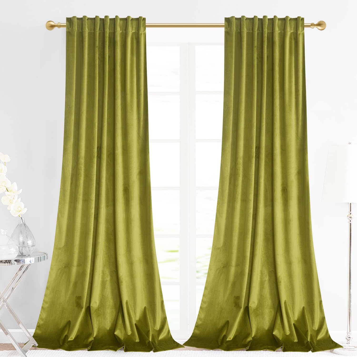 Olive Green Velvet Curtains 52 Inches Wide x 108 Inches Long - Luxurious Window Drapes for Living Room & Bedroom
