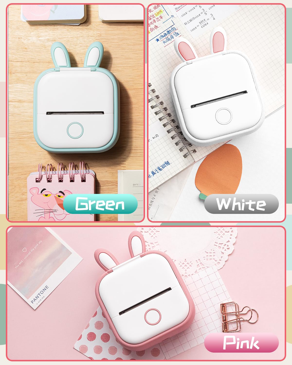Memoqueen T02 Silicone Protective Case with Bunny Ears - Compatible with T02 Mini Sticker Printer, Portable Pocket Printer Cover in Green Bunny Design - Perfect for School, Office, Travel & DIY Projects