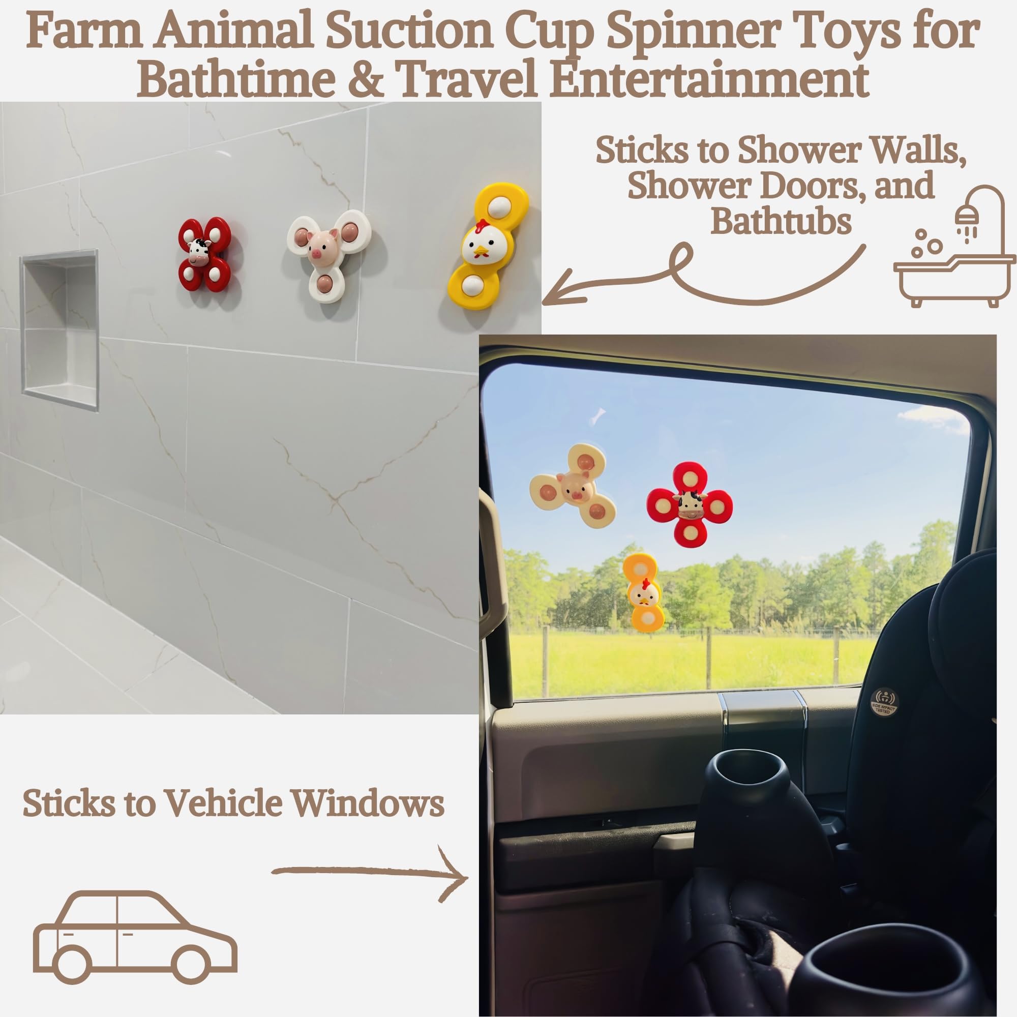 Farm Animal 3 PCS Suction Cup Spinner Toys Set - Cow, Pig, Chicken - Sensory Toys for Babies 6-18 Months & Toddlers 1-3 Years - Travel, Fidget & Learning Toys for Boys & Girls - Perfect for Car Windows, High Chairs & Playtime