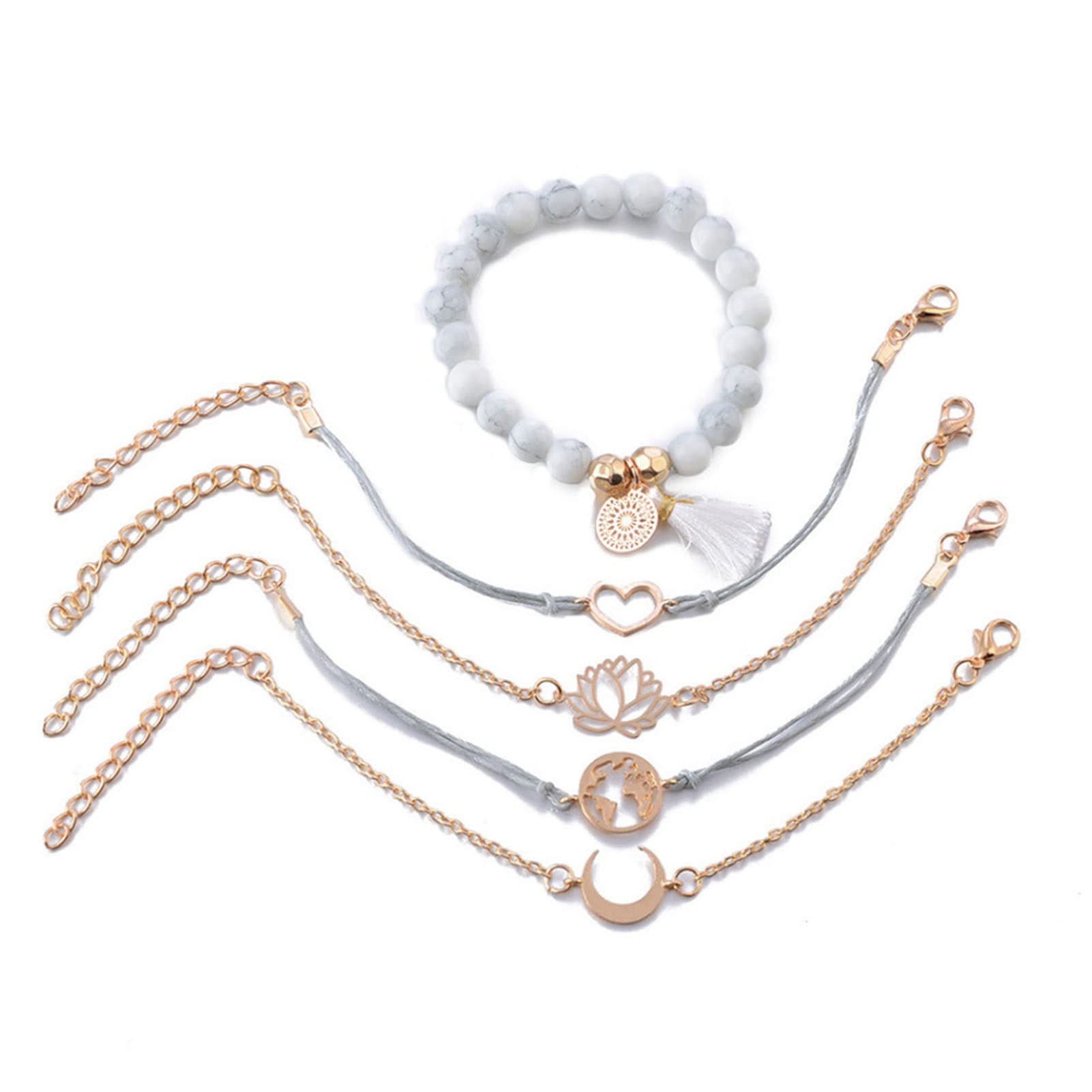 Exquisite 5Pcs Women's Jewelry Set - Adjustable Stackable Bracelets, Charm Bracelet, Cuff Bracelet & Anklet - Perfect Gift for Friends & Loved Ones | Ideal for Everyday Wear, Layering & Special Occasions