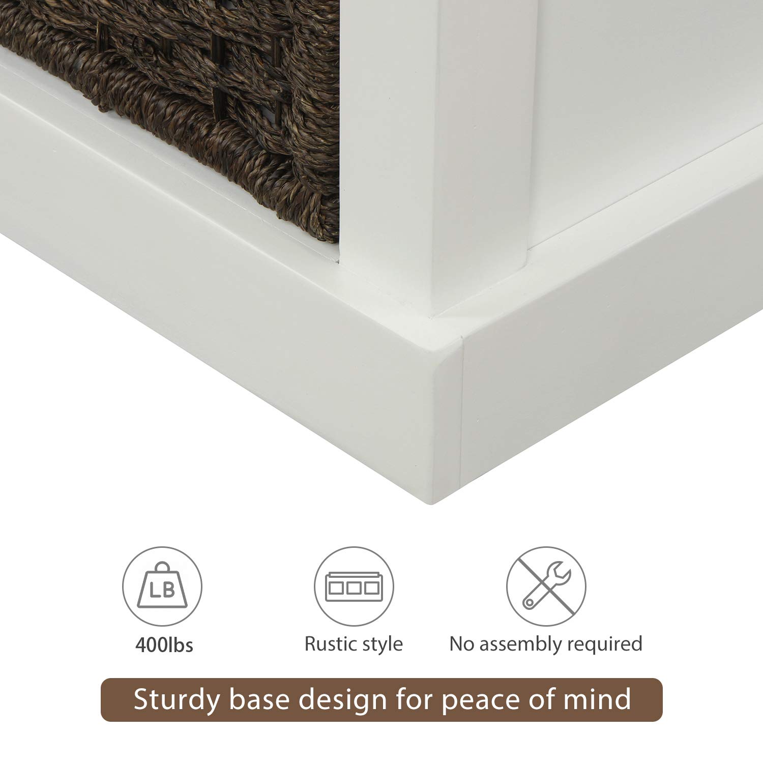Rustic White Wooden Storage Bench with 3 Removable Baskets & Cushion - Entryway Shoe Bench for Living Room, Bedroom, Hallway | Multi-Functional Entry Seat & Home Decor Organizer
