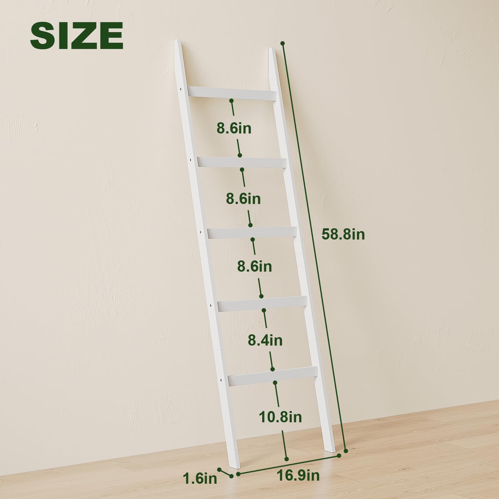 5-Tier Bamboo Blanket Ladder Towel Rack - Sturdy Leaning Shelf for Bathroom & Living Room - No Drill Wall Mount - Perfect for Towels, Quilts, Scarves & Decorative Storage (White) - Ideal for Farmhouse, Rustic & Modern Home Decor