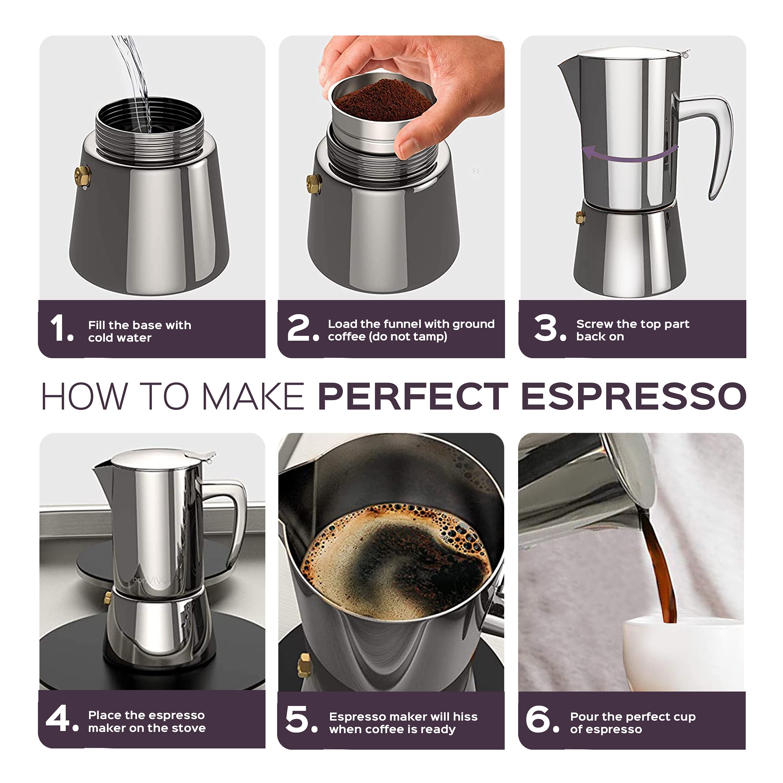 bonVIVO Intenca Stovetop Espresso Maker - Premium Stainless Steel Italian Moka Pot for Rich Coffee - 6 Cup Capacity (10oz) - Perfect for Camping, Home & Office Use - Durable Copper Finish