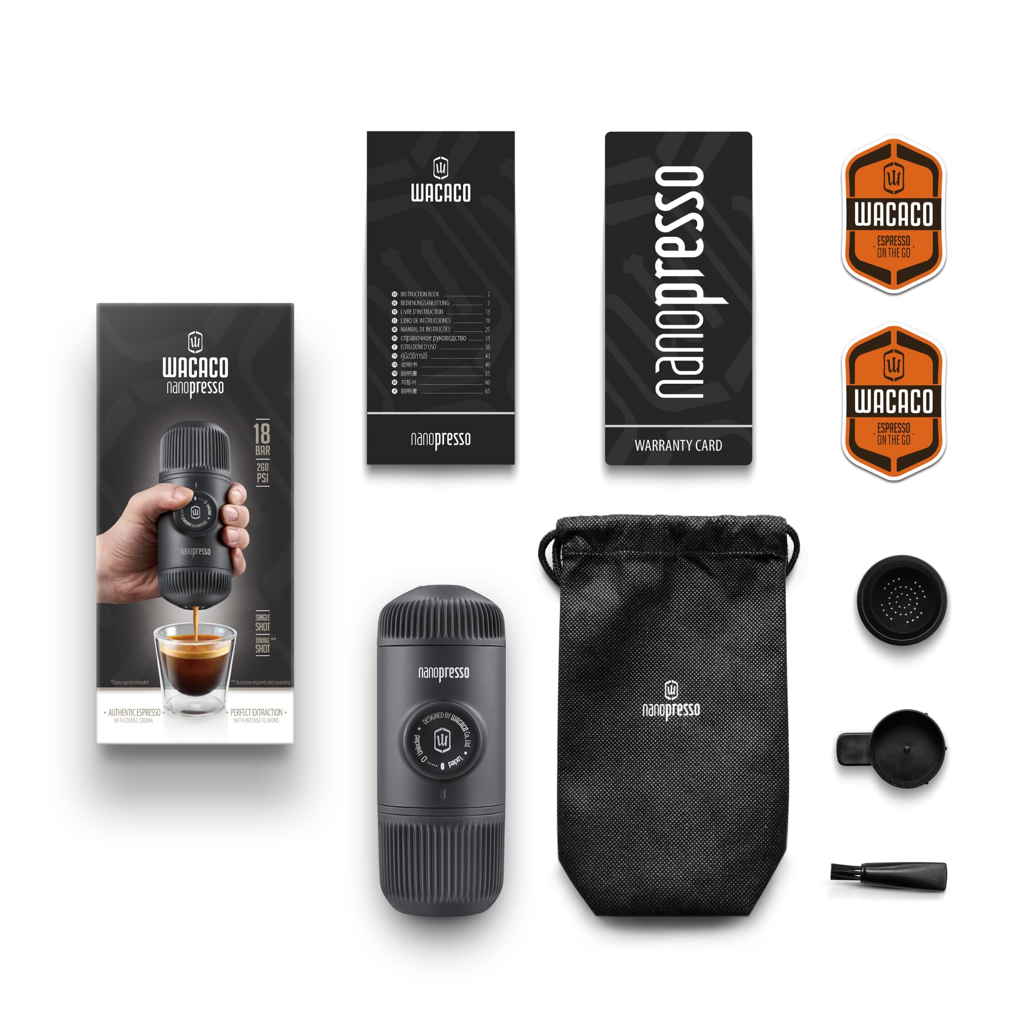 WACACO Nanopresso Portable Espresso Maker - 18 Bar Pressure Hand Pump Manual Coffee Machine for Travel, Camping & Office - Compact & Lightweight Upgrade of Minipresso - Perfect for Home, Outdoor Adventures & Gifts
