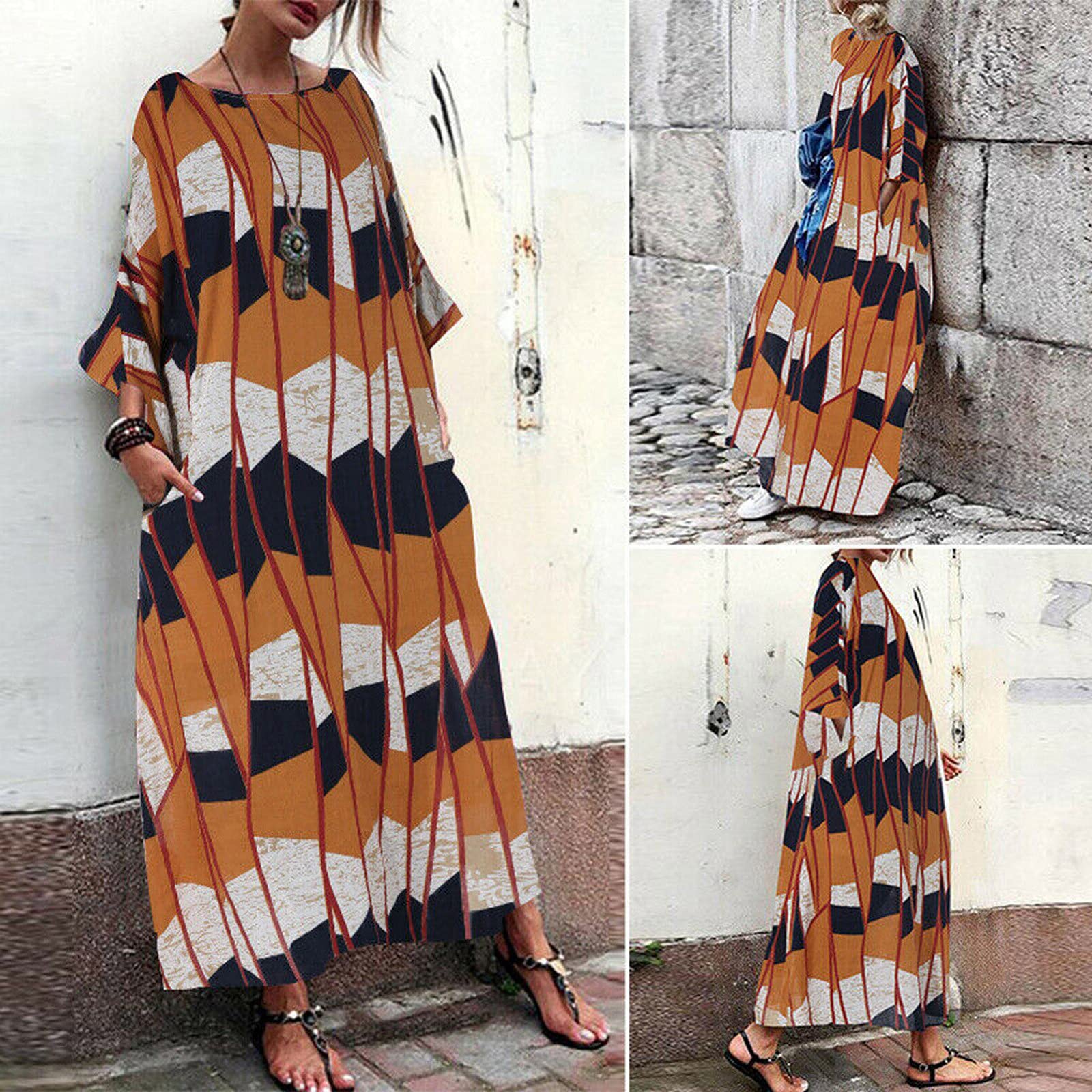 Women's Plus Size Summer Maxi Dress - Casual Loose Fit Cotton Linen Blend Floral Print Long Dress (Yellow, XXXL) for Beach Vacation, Outdoor Picnic & Boho Style Fashion