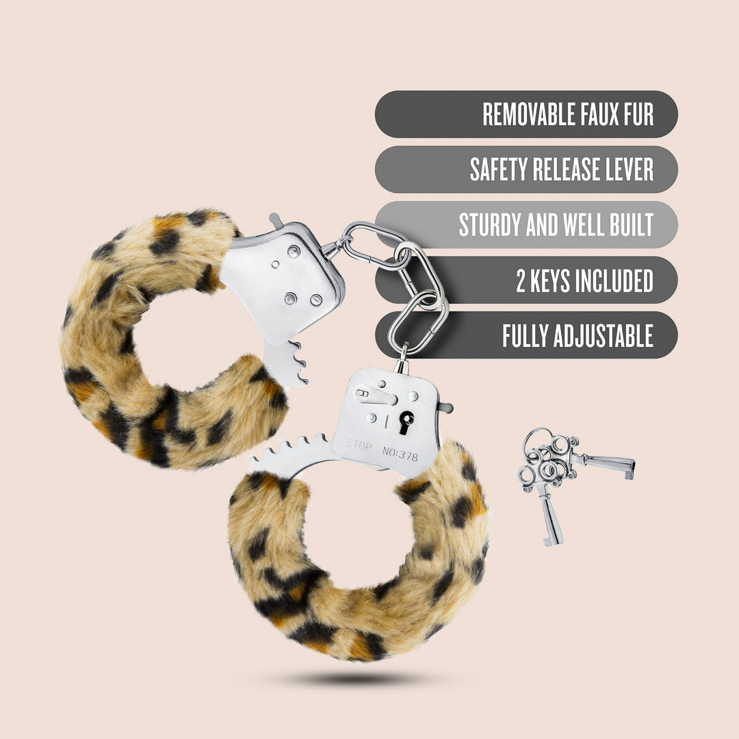 Temptasia Fluffy Leopard Print Handcuffs - Soft Faux Fur Cuffs for Couples, Role Play, Bachelorette Parties & Spicy Bedroom Fun