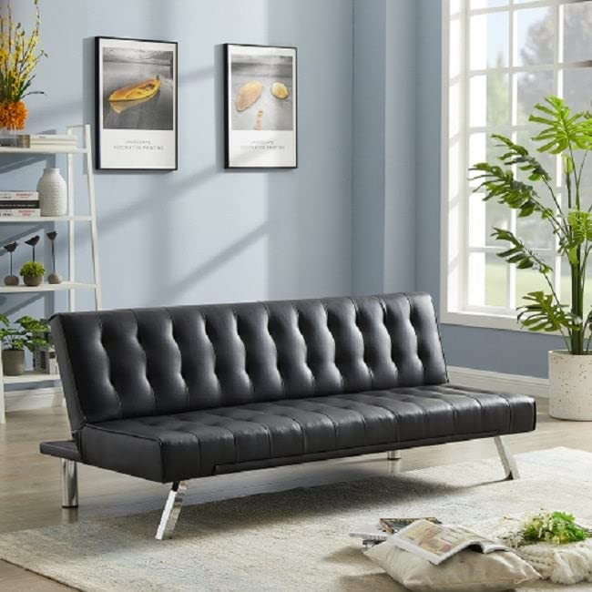 Modern Black PU Leather Convertible Sofa Bed - Foldable Sleeper Couch with Casual Pattern for Small Spaces, Guest Rooms & Apartments