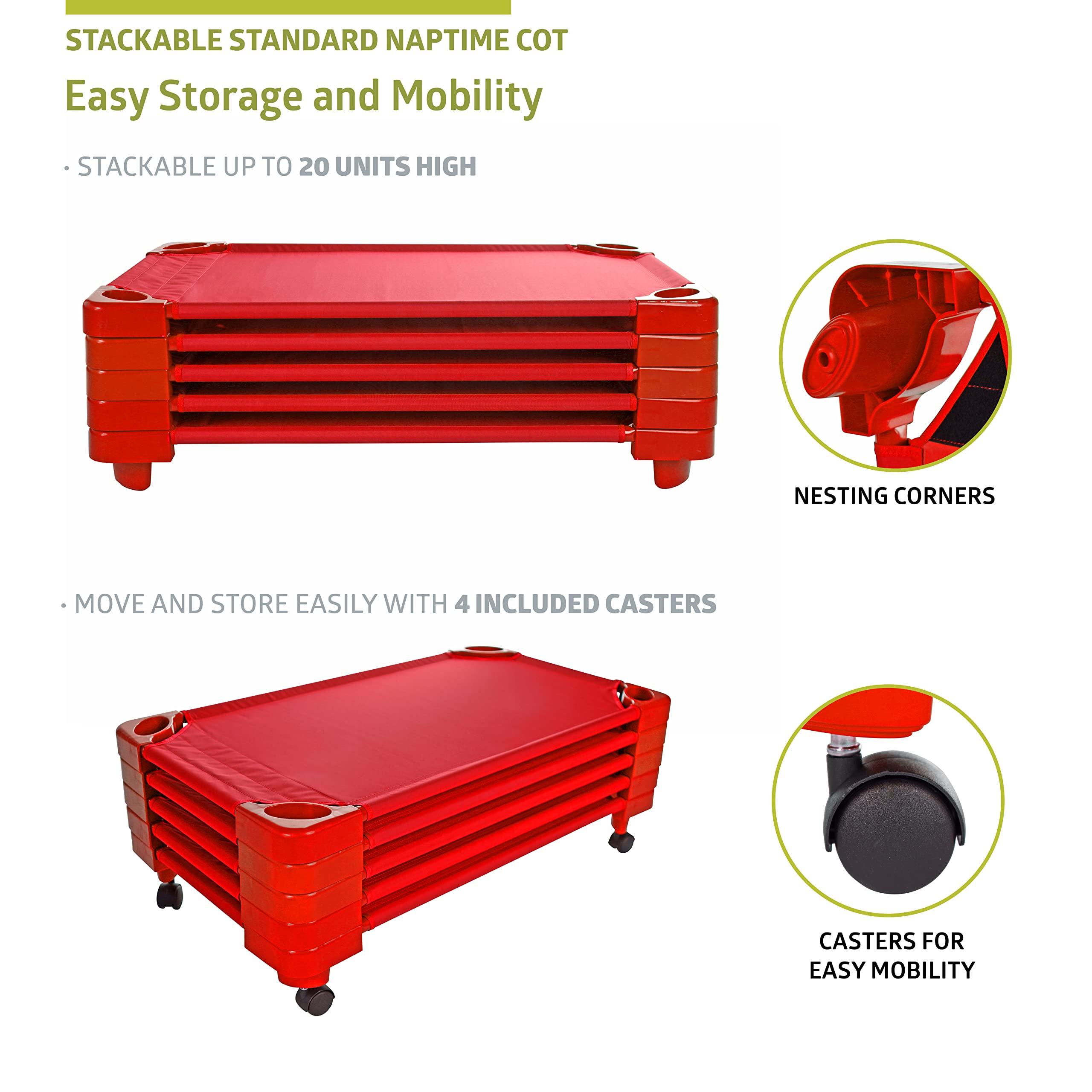 Pearington Stackable Standard Naptime Cot - Red (Set of 5) | Portable Folding Bed for Daycare, Preschool & Home Use | Comfortable Sleep Solution for Kids & Toddlers
