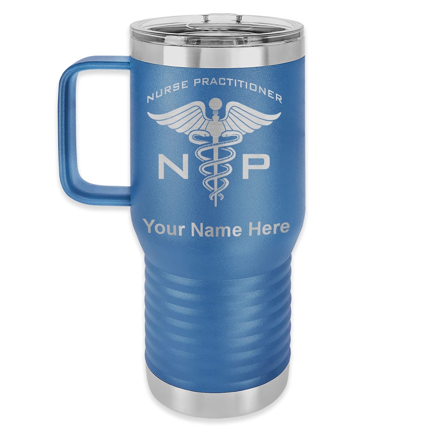 LaserGram 20oz Vacuum Insulated Stainless Steel Travel Mug with Handle - Personalized Engraved Gift for Nurse Practitioners (Dark Blue) - Keeps Drinks Hot/Cold for Hours - Perfect for Hospitals, Clinics & Commuting