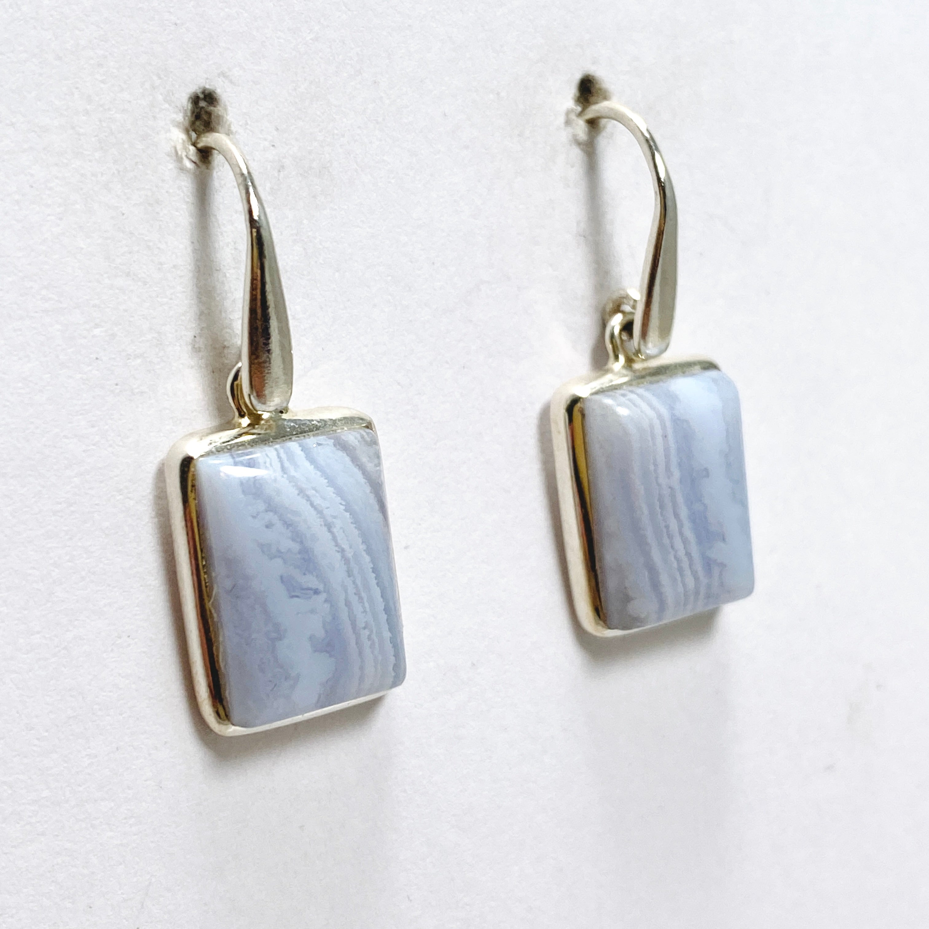 Blue Lace Agate Rectangular Cabochon Earrings - Handmade Sterling Silver Dangle Earrings for Women | Perfect for Weddings, Parties & Everyday Elegance