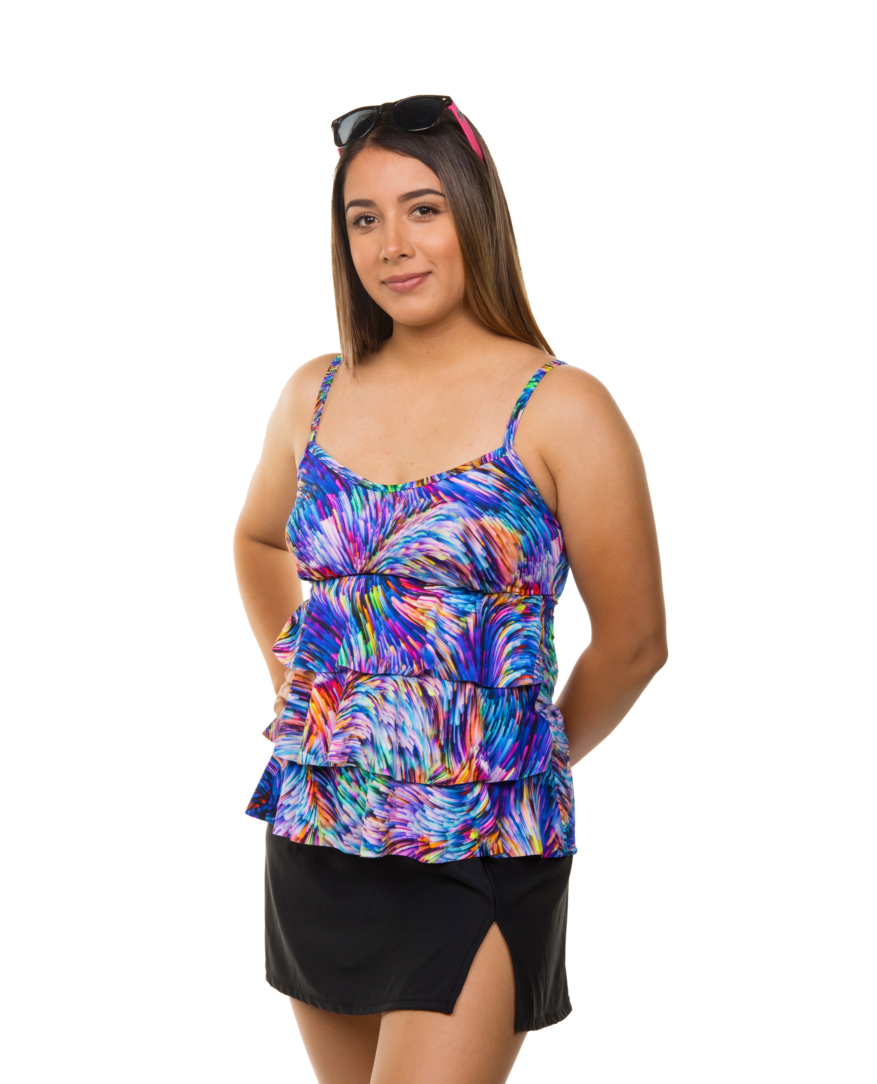 **Triple Tier Tankini Swimsuit - Rainbow Wave Print Women's Bikini Set for Beach, Pool & Summer Vacation**