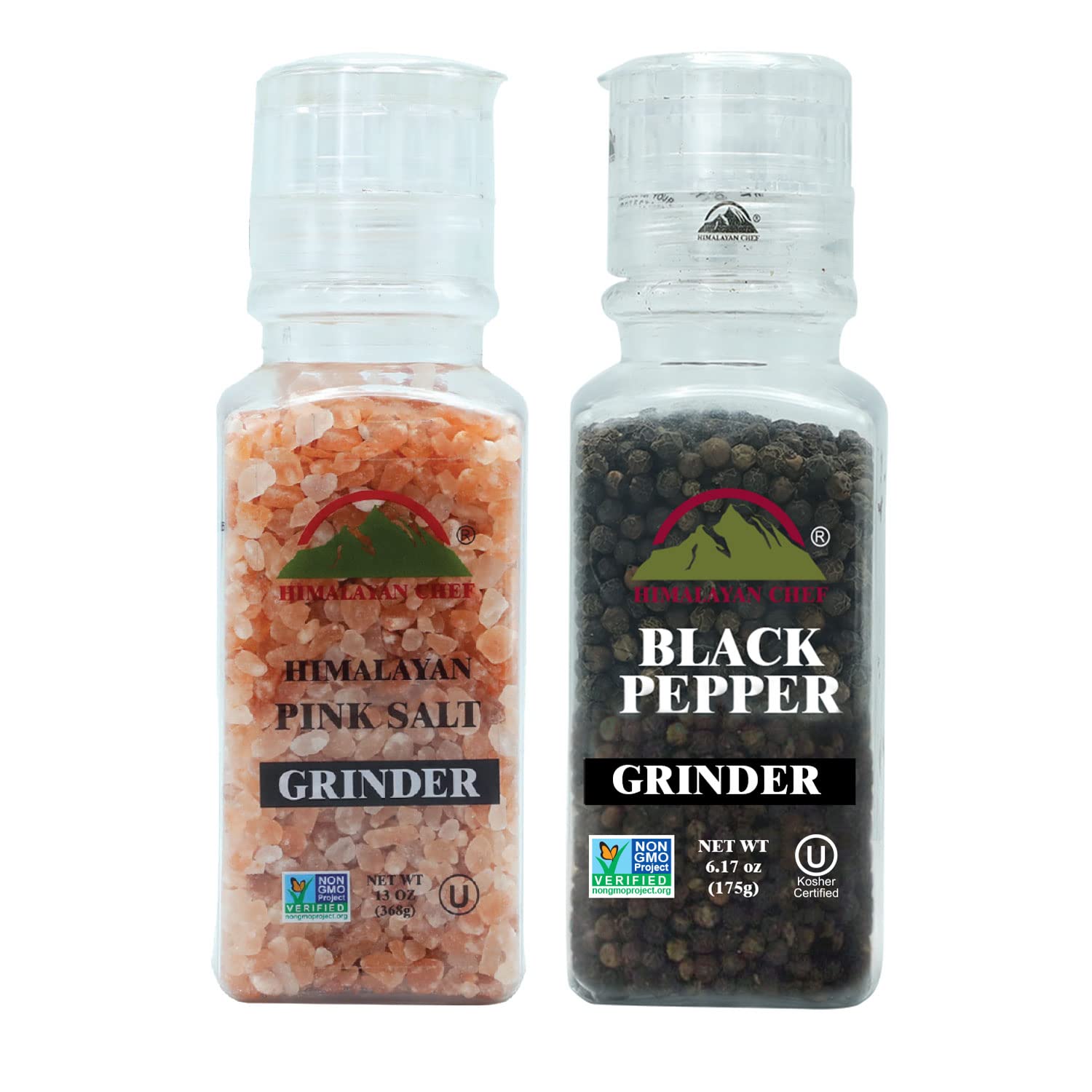 Himalayan Pink Salt and Black Pepper Grinder Set - Adjustable Refillable Plastic Mill for Cooking, Seasoning & Baking | Perfect for Kitchen, BBQ, Restaurant & Home Use