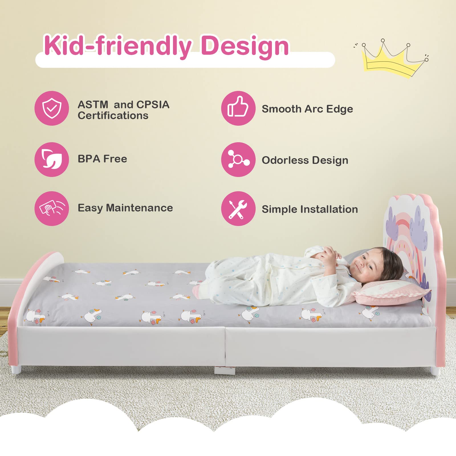 Costzon Twin Bed Frame for Kids - Wood Upholstered Platform Bed with Slat Support, Padded Headboard & Footboard - No Box Spring Needed - Easy Assembly - Fits Standard Twin Mattress (Cloud) - Perfect for Kids' Bedrooms, Guest Rooms & Small Spaces