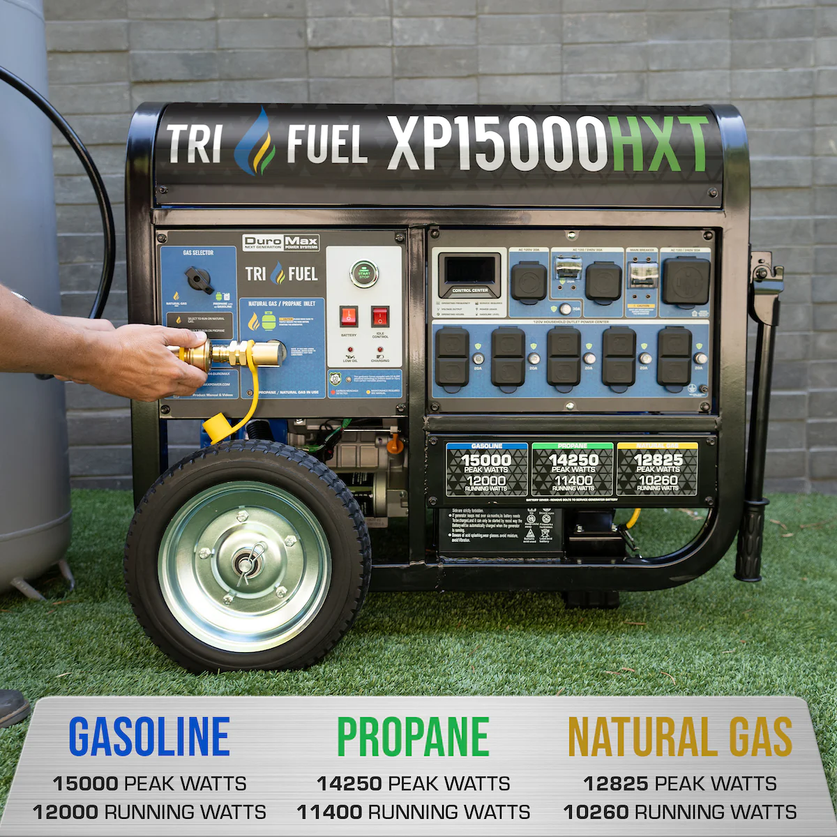 DuroMax XP15000HXT 12000W/15000W Tri-Fuel Portable Generator - Gasoline/Propane/Natural Gas with CO Alert & Remote Start - Ideal for Home Backup Power, Camping & Emergency Use