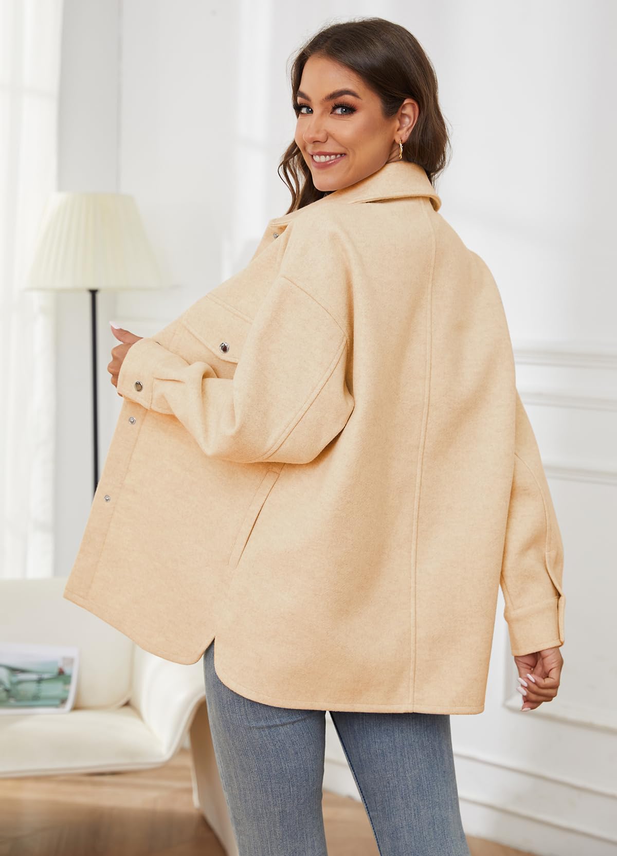 OSTOO Women's 2025 Oversized Lightweight Long Sleeve Shacket Jacket - Button Down Wool Blend Coat with Pockets for Fall & Winter Fashion | Casual Outerwear for Work, Travel and Everyday Wear