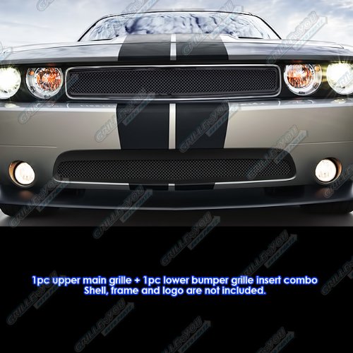 APS Compatible with Dodge Challenger 2011-2014 Upper & Lower Bumper Grille Insert - Stainless Steel Black Mesh Front Grill Combo (D71218H) - Perfect for Car Upgrades & Customization