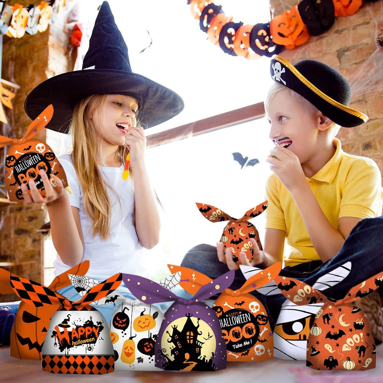 100PCS Halloween Treat Bags - 7 Fun Designs Plastic Candy Bags for Kids Trick or Treat | Halloween Party Favors, Goodie Bags & Party Supplies | Perfect for Classroom Treats, Neighborhood Halloween Events & Costume Parties