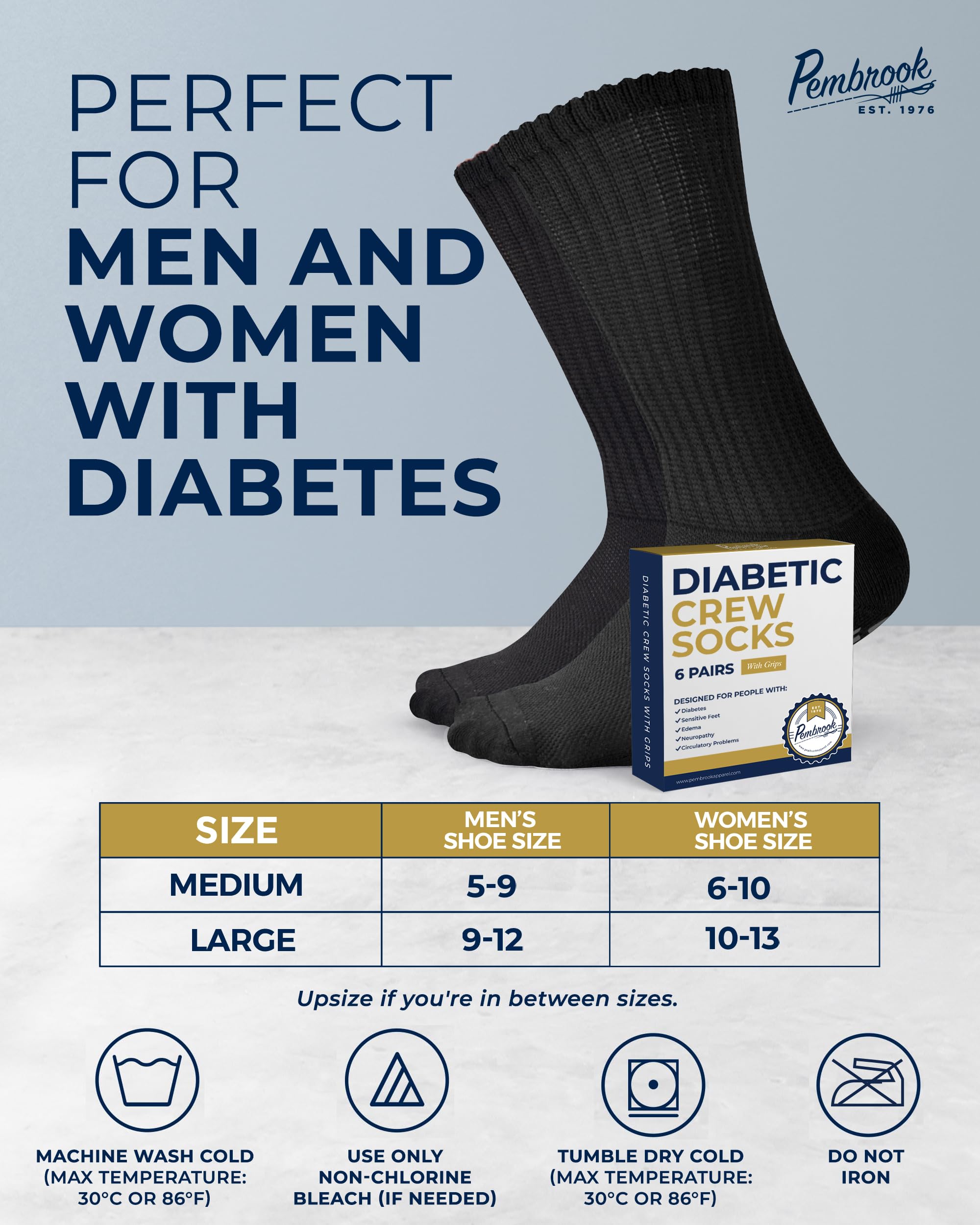 Pembrook 6 Pairs Diabetic Socks with Non-Slip Grips for Men & Women - Breathable Neuropathy & Edema Relief Socks in 12 Colors | Perfect for Daily Wear, Work & Travel