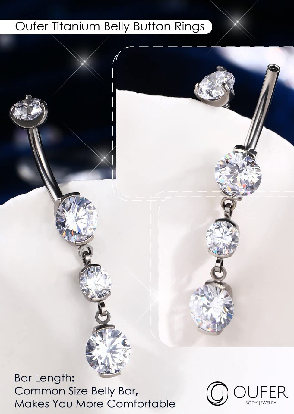 OUFER Titanium Belly Button Rings - 14G Internally Threaded Dangling Navel Piercing Jewelry with Clear CZ for Women & Men | Perfect for Everyday Wear, Parties and Body Piercing Fashion