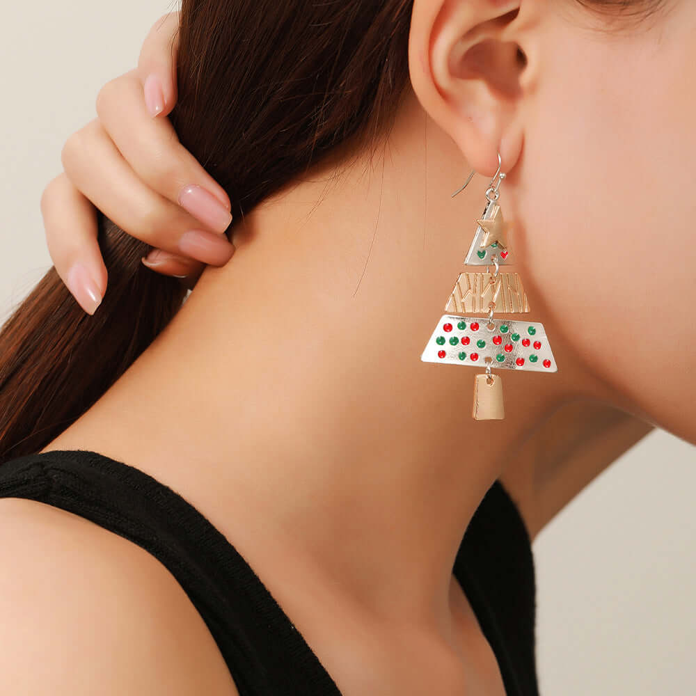 Christmas Tree Xmas Star 2-Tone Dangle Earrings for Women | Holiday Party Jewelry Gift | D1248 | Perfect for Christmas Celebrations & Festive Outfits