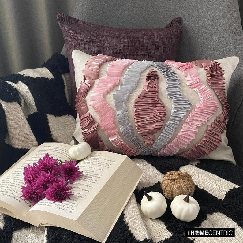 Elegant Pink Linen Decorative Lumbar Pillow Cover for Sofa & Bed - Handmade Begonia Floral Design Home Decor