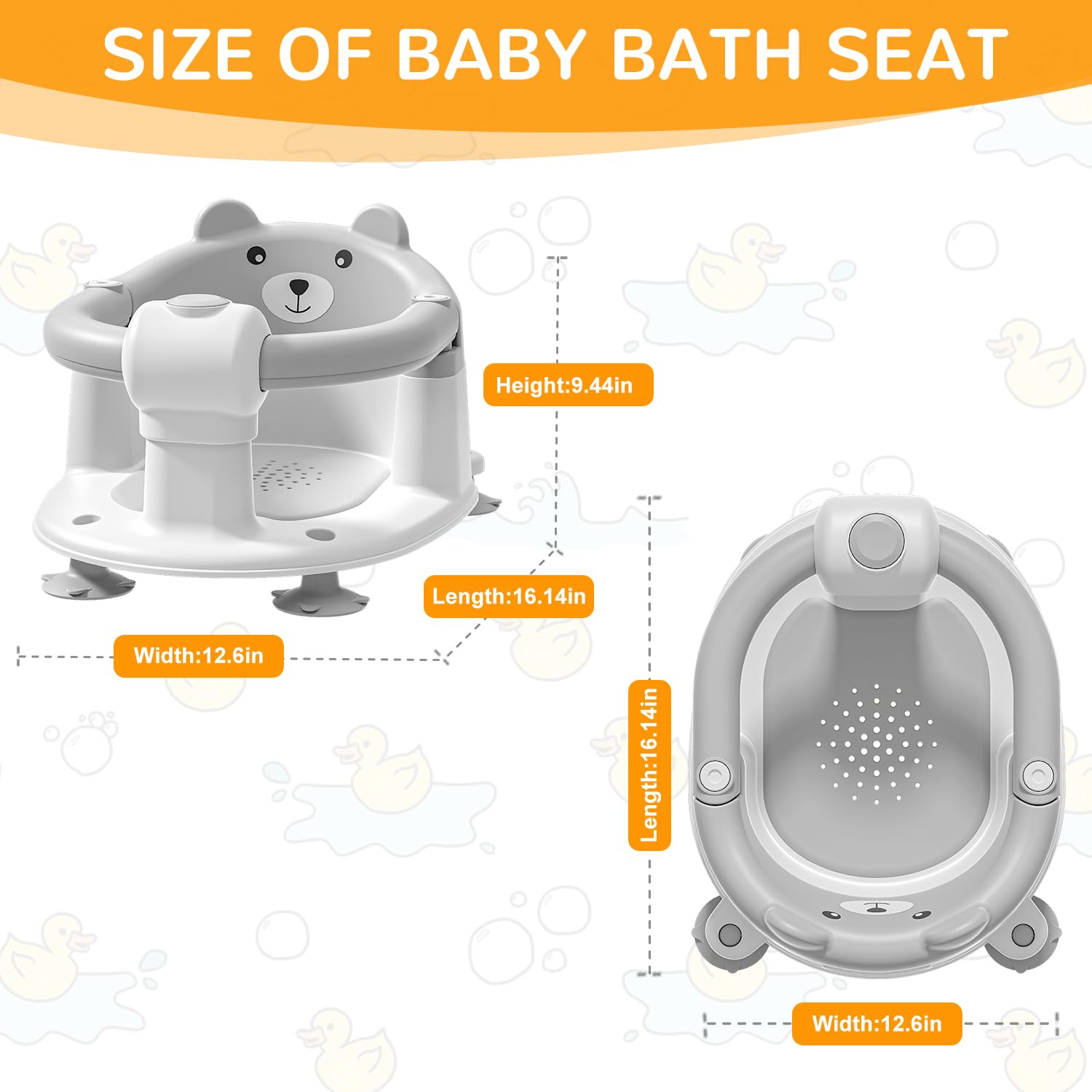 **Non-Slip Baby Bath Seat for Infants 6+ Months – Safe Toddler Bathtub Chair with 4 Suction Cups & Soft Cushion – Gray – Perfect for Newborns Learning to Sit Up in Shower or Tub**