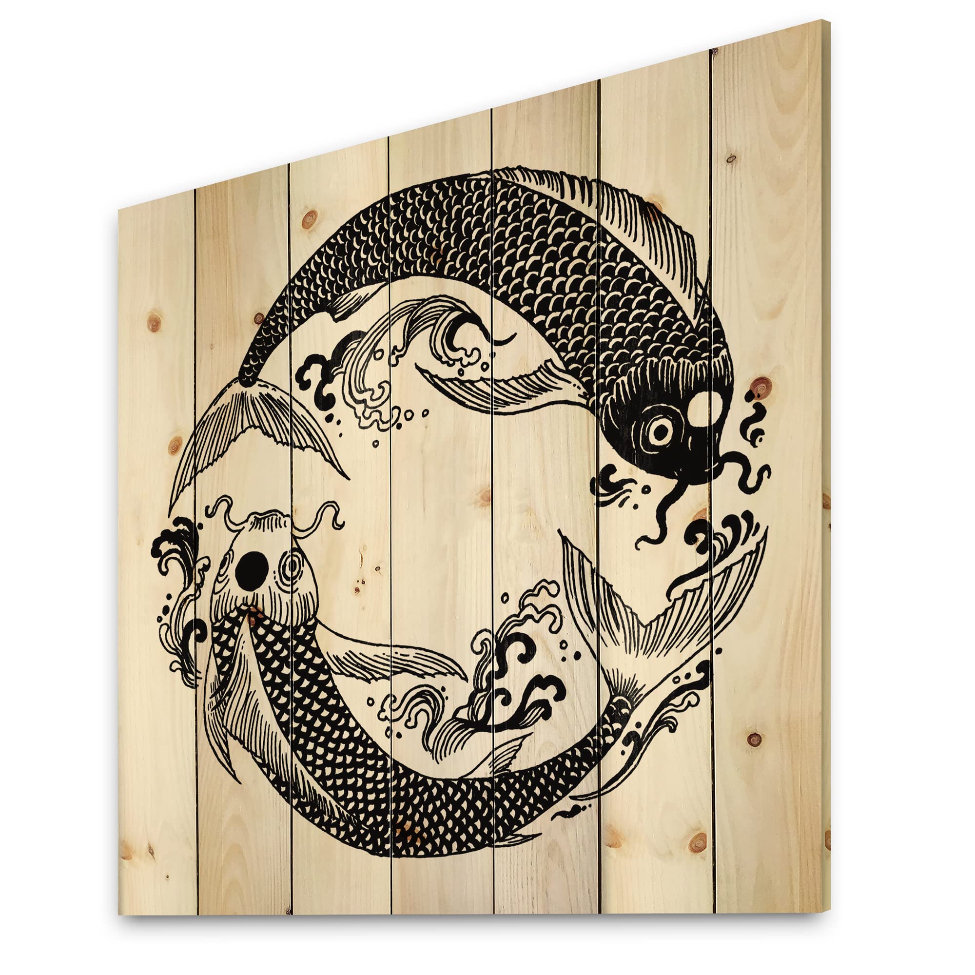 Chinese Koi Fish Wall Art - Chinoiserie Style Wood Panel Decor with Nautical & Coastal Theme, Large Black Animal Print on Natural Pine Wood - Perfect for Living Room, Bedroom or Office Wall Decoration