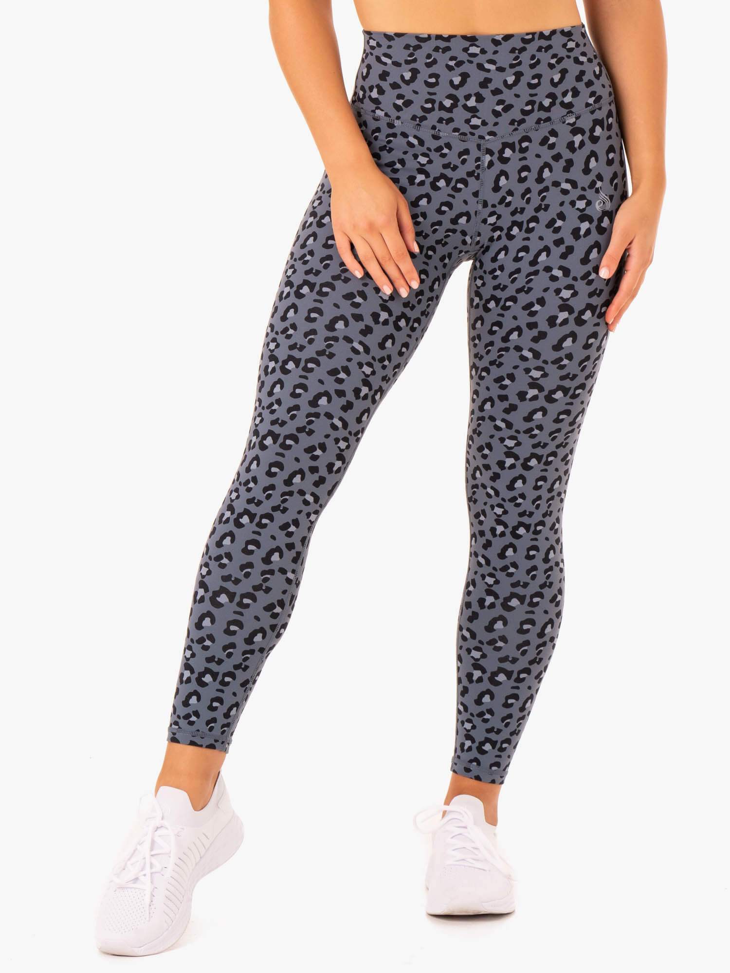 Hybrid Full Length Leggings - Steel Blue Leopard Print Yoga Pants for Women | High Waisted Workout Leggings for Running, Gym & Lounge