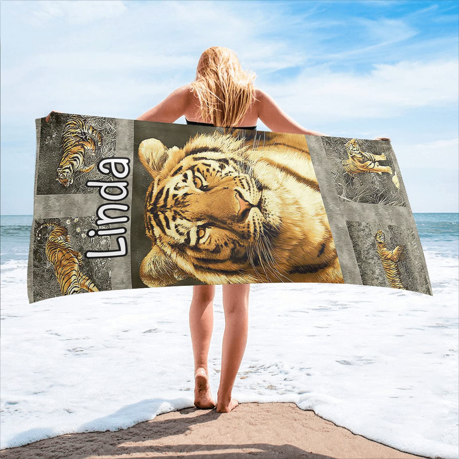 Custom Name Patchwork Tiger Beach Towel - 30x60 Inch Personalized Bath Towel for Women, Men, Kids - Double Sided Print - Perfect for Pool, Beach, Spa & Gift Giving