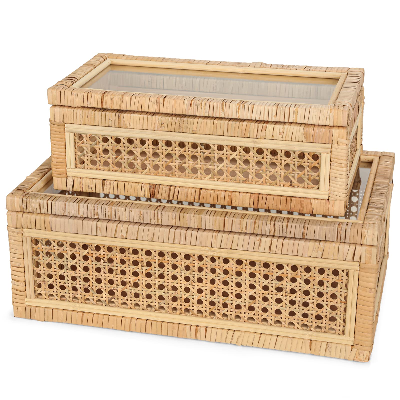 Handwoven Boho Rattan Storage Boxes with Glass Lids - Set of 2 Natural Woven Cane Organizer Bins for Home Decor, Jewelry & Bathroom Storage | Stylish Rectangular Display Box for Shelves, Dressers & Vanities