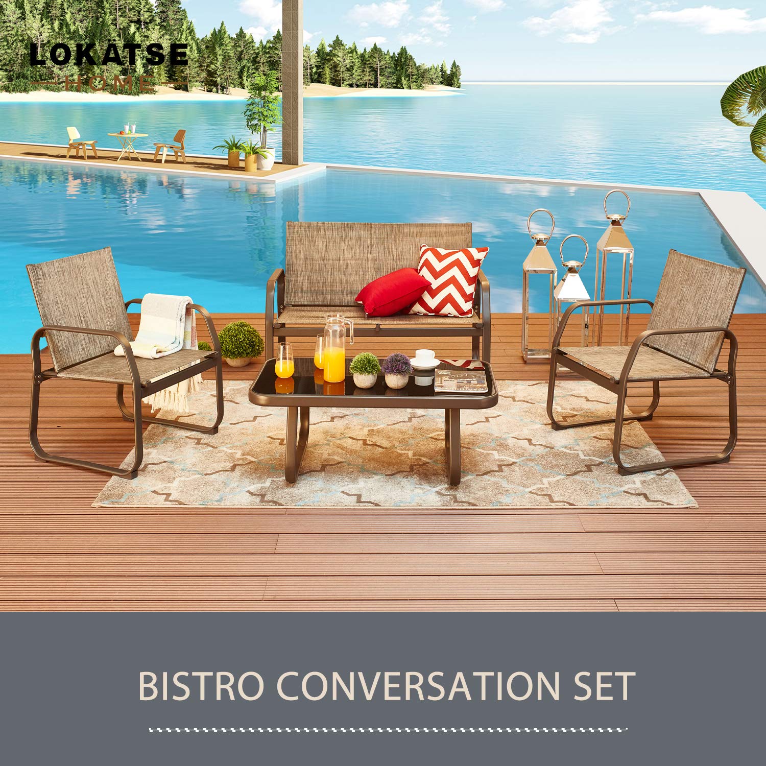 LOKATSE HOME 4-Piece Outdoor Patio Furniture Set - Bistro Conversation Set with Tempered Glass Coffee Table & Loveseat for Poolside, Porch, Lawn, Garden, Backyard & Balcony - Perfect for Relaxing, Entertaining & Outdoor Dining