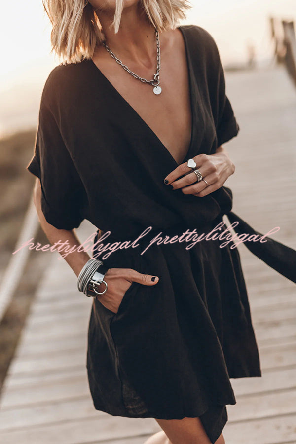 Breezy Retreat Cotton Linen Blend Pocketed Belt Kimono Mini Dress | Summer Beach Cover Up | Boho Chic Outfit for Vacations, Pool Parties & Casual Wear