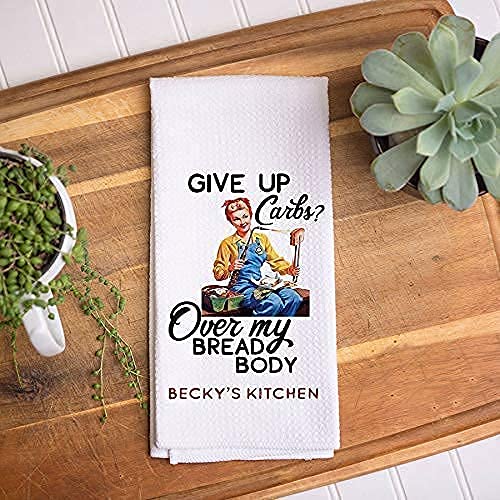 Personalized Over My Bread Body Kitchen Towel - Custom Waffle Weave Dish Towel for Mothers Day, Birthday & Funny Kitchen Decor - Perfect Gift for Mom & Home Use