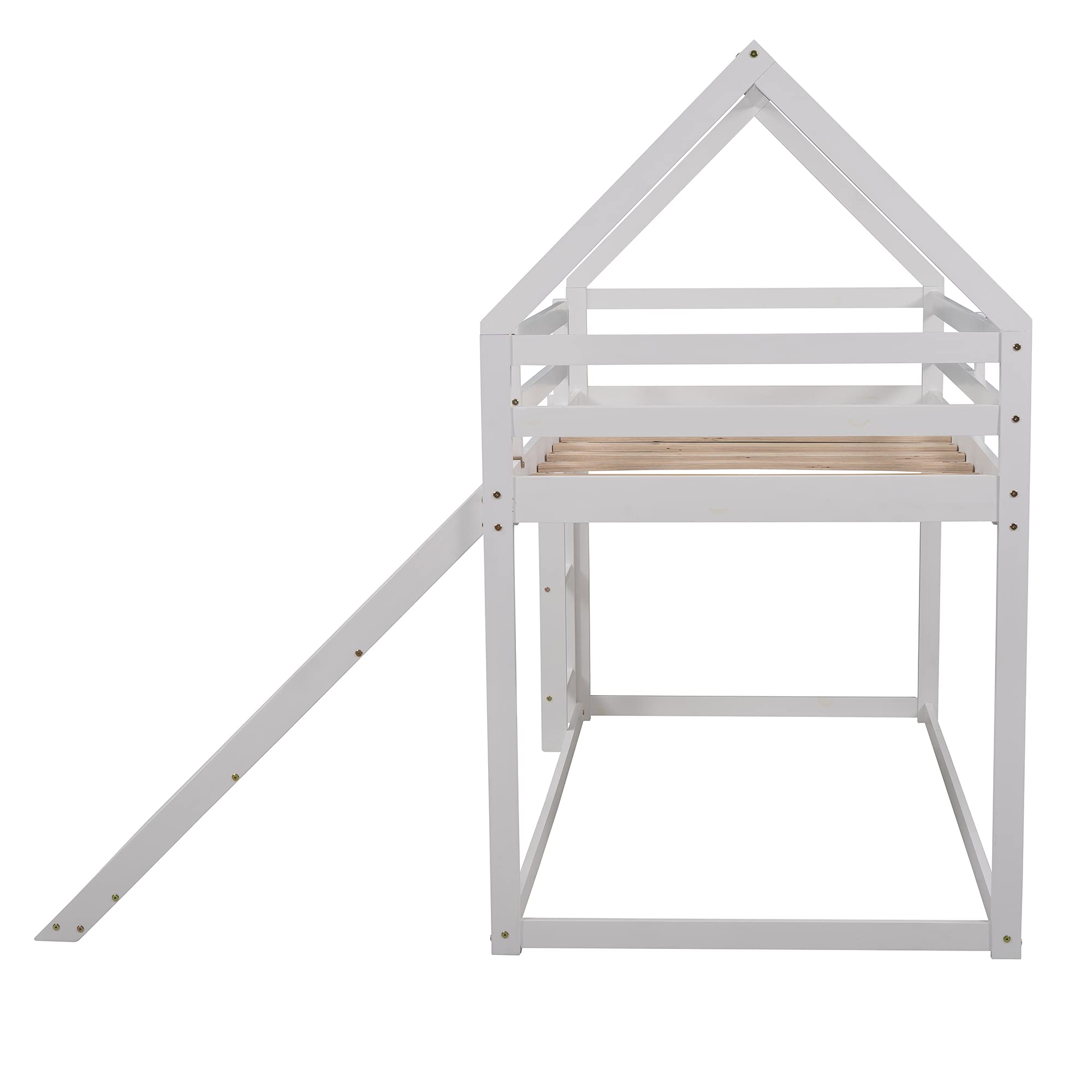Merax Twin Over Twin Bunk Bed with Slide & Ladder - Kids House Bed with Roof & Low Floor Frame - Fun & Safe Sleeping Solution for Boys, Girls & Teens - Perfect for Small Bedrooms, Playrooms & Sleepovers