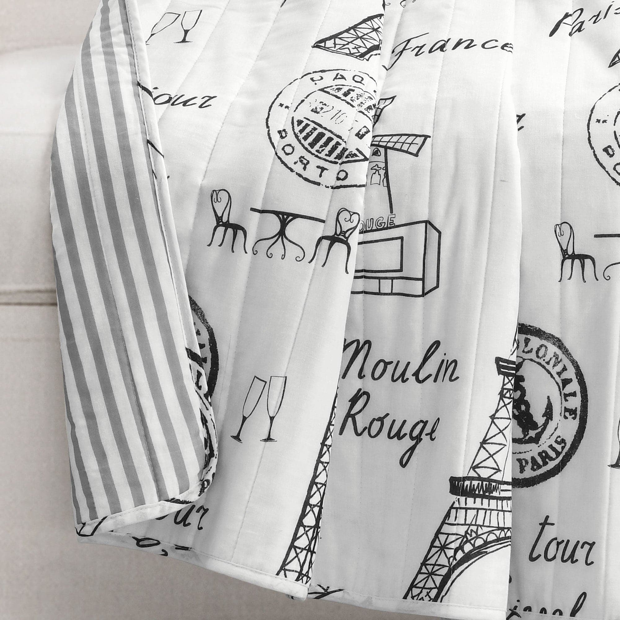 Paris Bonjour Reversible Cotton Throw Blanket - Soft French-Inspired Bedspread & Couch Cover - Perfect for Home Decor, Sofa, Bed, and Gift Giving