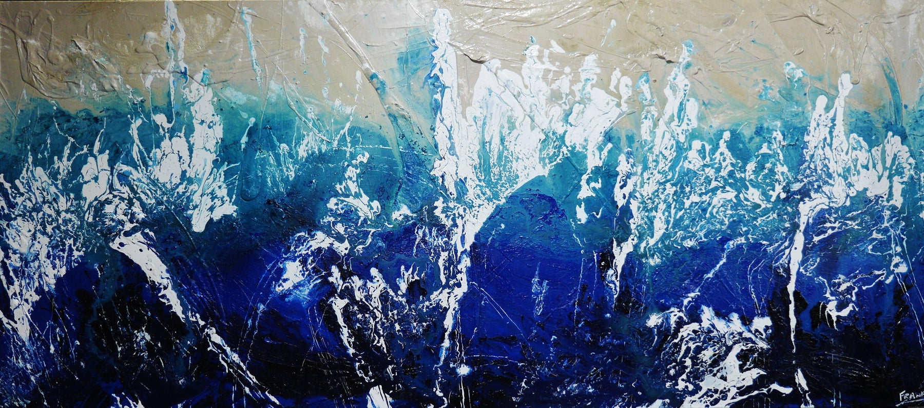 270cm x 120cm Cream White Blue Textured Abstract Beach Painting - Large Modern Wall Art for Living Room, Bedroom & Office Decor