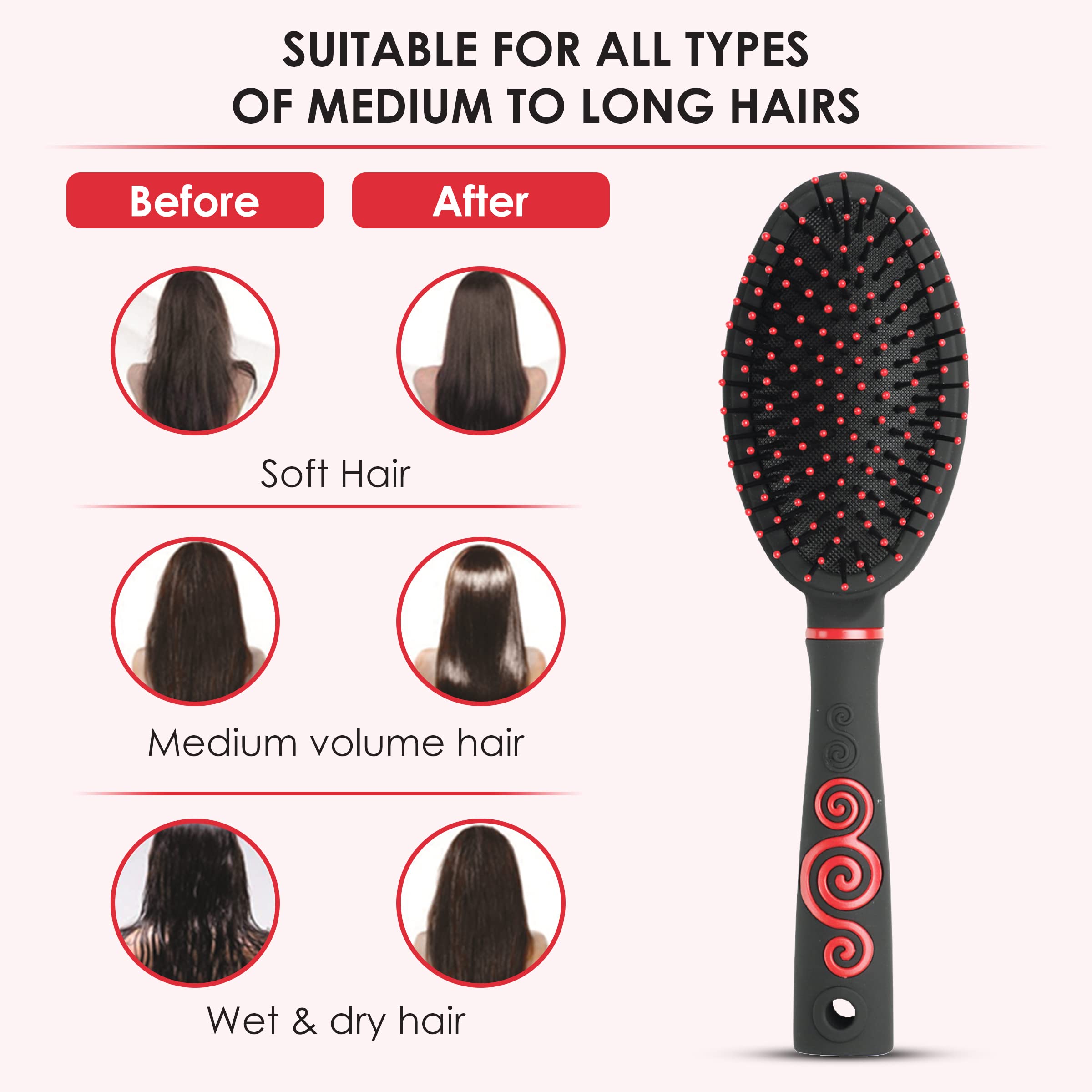 Agaro Royal Cushion Hair Brush with Strong Flexible Nylon Bristles & Anti-Static Ball Tips - Detangling & Straightening Brush for Men & Women (Black/Red) - Perfect for Daily Hair Care, Styling & Salon Use