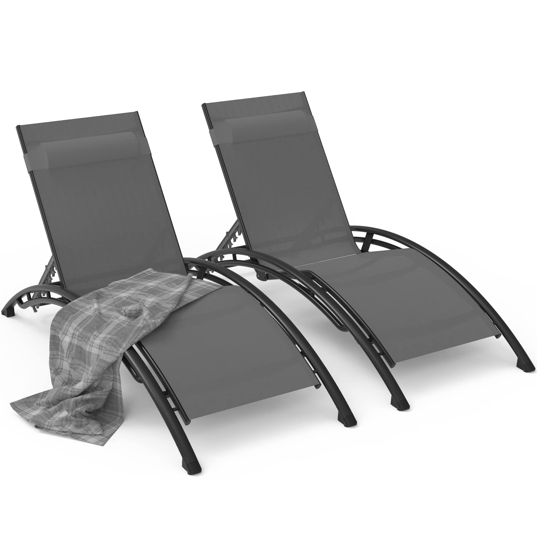 **Domi Outdoor Chaise Lounge Set of 2 - Adjustable Patio Recliner Chairs with Removable Pillow - Dark Grey - Perfect for Poolside, Beach, Garden, and Sunbathing**
