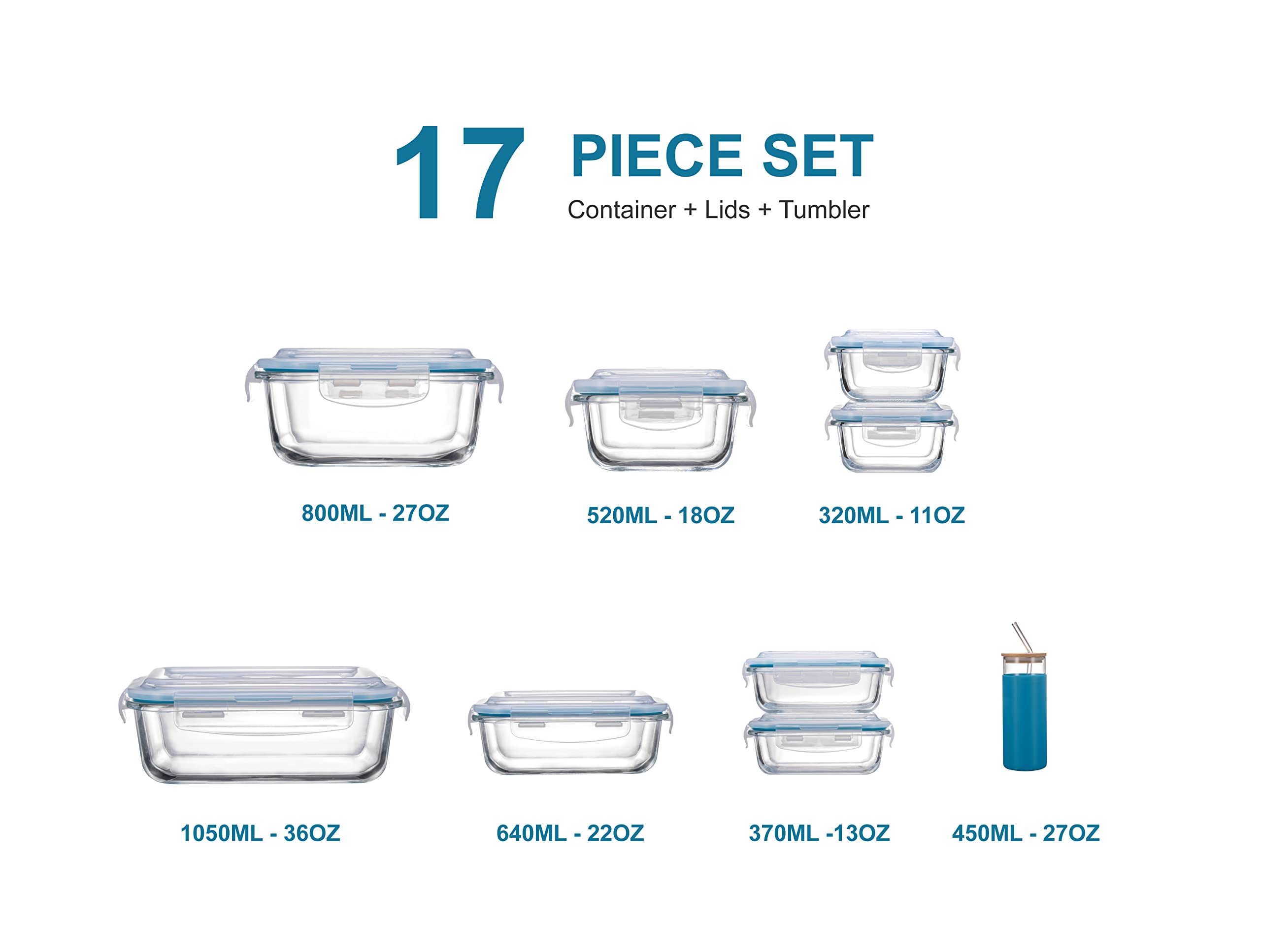 16-Piece Airtight Food Storage Containers Set with 1 Borosilicate Glass Tumbler - Leakproof, Microwave, Freezer & Dishwasher Safe - Includes Wooden Lid, Glass Straw & Cleaning Brush - Perfect for Meal Prep, Leftovers & Office Lunches
